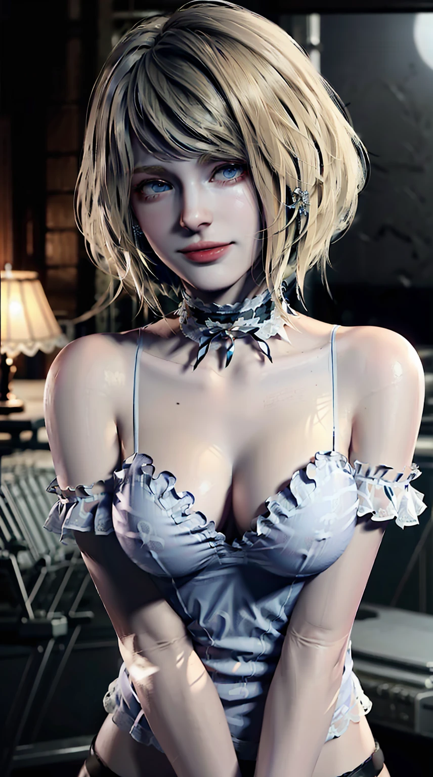 ((((masterpiece, best quality, high resolution)))), (1girl:1.5), ((short silky hair, blonde hair, blue eyes, earrings, choker)), (medium breasts:1.2), blush, (light smile, parted lips), glow, thighs, bare shoulders, collarbone, narrow waist, (slender body figure), cleavage, (beautiful detailed face, beautiful detailed eyes), ((white lace lingerie, thin material)), (standing up), looking at viewer, nighttime, bedroom