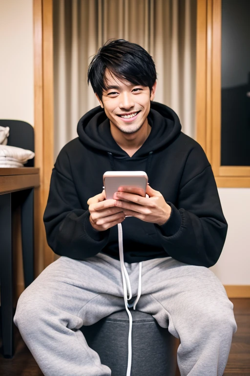 Smiling and handsome Japanese man looking at smartphone in the room,Full body portrait,I have a smartphone,wearing hoodies