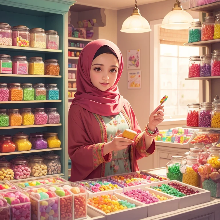 (best quality,4k,8k,highres,masterpiece:1.2),ultra-detailed,(realistic,photorealistic,photo-realistic:1.37),girl in a candy shop, vibrant colors, Muslim girl, wearing a hijab, Arab girl.
Texture: Detailed hand-drawn illustration, resembling a watercolor painting.
Additional details: Colorful candy jars filled with various sweets, shelves stacked with candy boxes, a friendly shopkeeper behind the counter, a delightful aroma of candy in the air.
Artistic style: Whimsical and playful illustration with a touch of realism.
Color tone: Bright and cheerful colors, with a focus on pastel shades.
Lighting: Soft and warm lighting, casting a gentle glow on the candy and creating a cozy atmosphere.