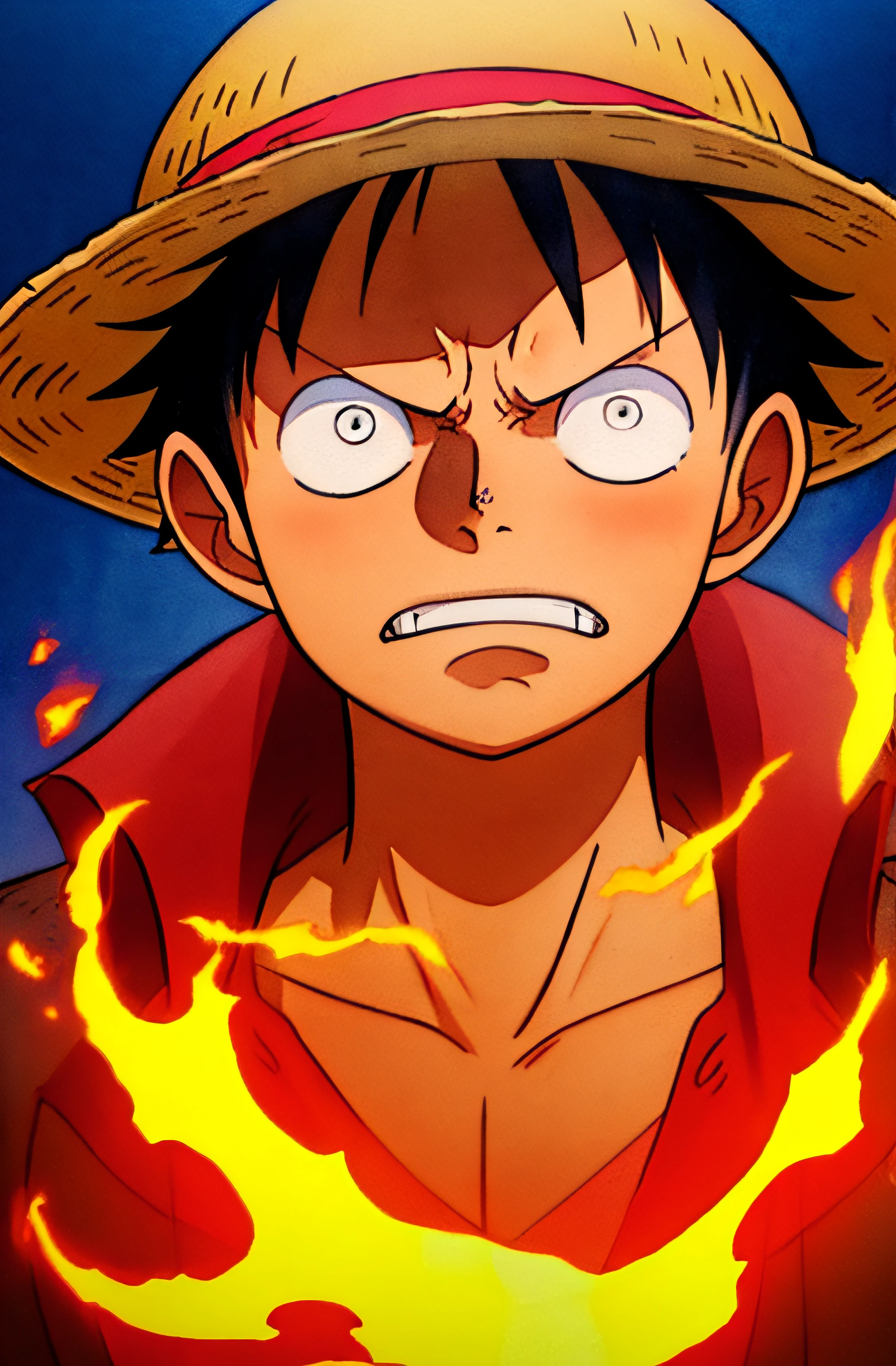 1boy, wanostyle, monkey d luffy, angry looking, straw hat, looking at viewer, solo, upper body, (((masterpiece))), ((best quality)), (extremely detailed), watercolor, illustration, depth of field, sketch, dark intense shadows, sharp focus, soft lighting, hdr, colorful, good composition, fire all around, spectacular, closed shirt, anime screencap