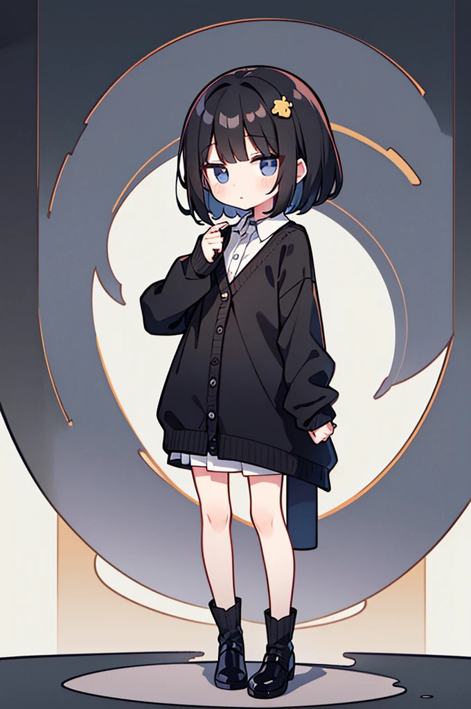 (masterpiece, best quality, very detailed, animayle), 1female_child, solo, (emaciated, small_breast), kawaii, expressionless, black_hair, short_hair, thin_eyebows, black cardigan, long_sleeves, plkirt, full_body, standing, looking_at_viewer