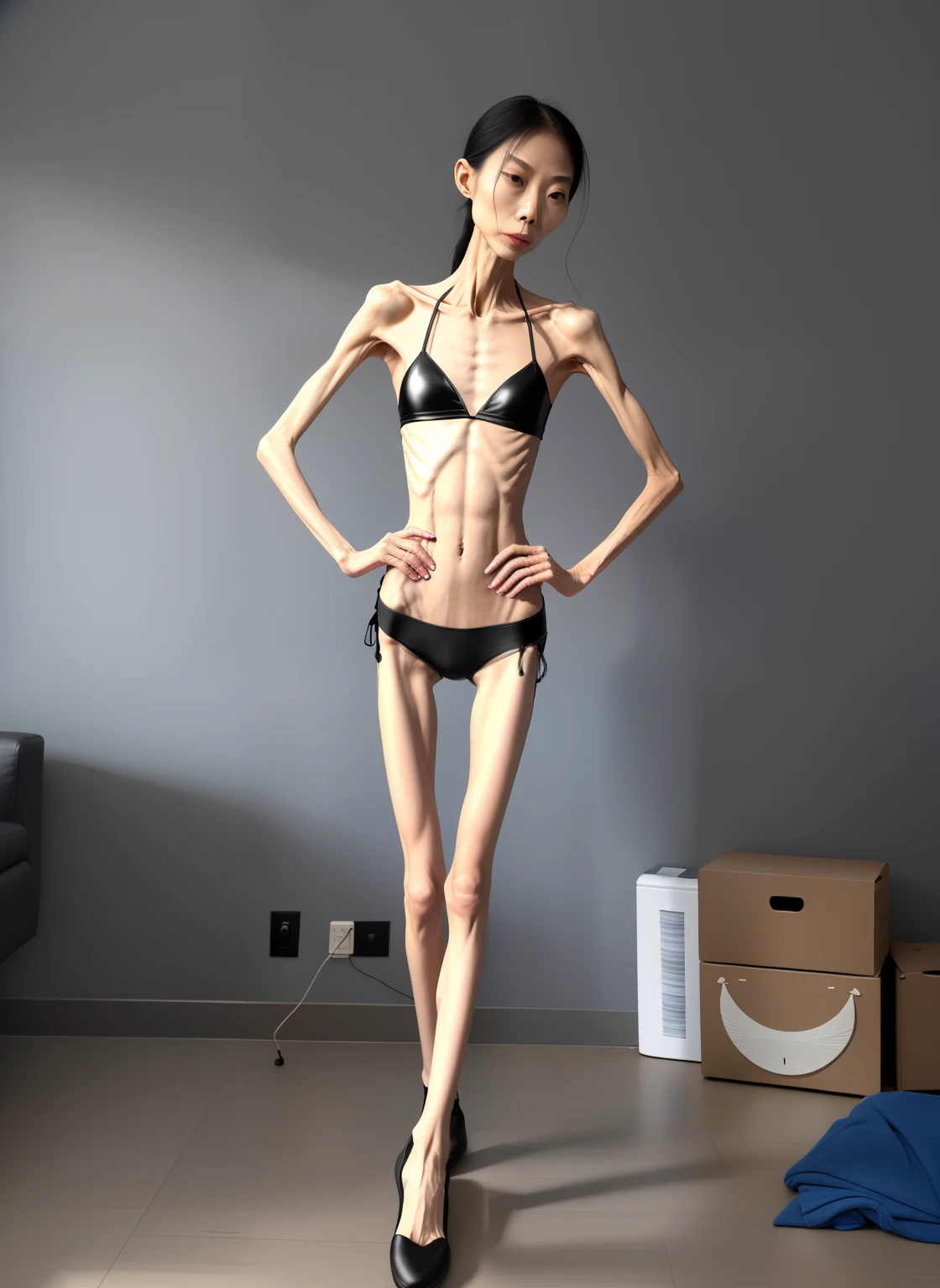 extremely thin woman,The body very thin,Rib chest,Protruding sternum,The sternum distinct,The waist very thin,The ribs are noticeable,Protruding ribs,The pelvic protrusion very obvious,Clear outline of pelvis,The crotch protrudes,thin shoulde,The waist very thin,Sunken abdomen,Abdominal muscle atrophy,Delicate arms,arm muscle atrophy,slender thigh,Knees are obviously protruding,Ankle bulges,The ankle bones are obvious,The leg bones are obvious,leg muscle atrophy,anorexia,Wear tight leather pants,Wear slippers,Significant atrophy of dorsalis pedis muscles,Asia face,Haggard expression,domestic violence,Excessive weight loss,sunken face,Apply lipstick,Severe malnutrition,The body so thin that only the skeleton left