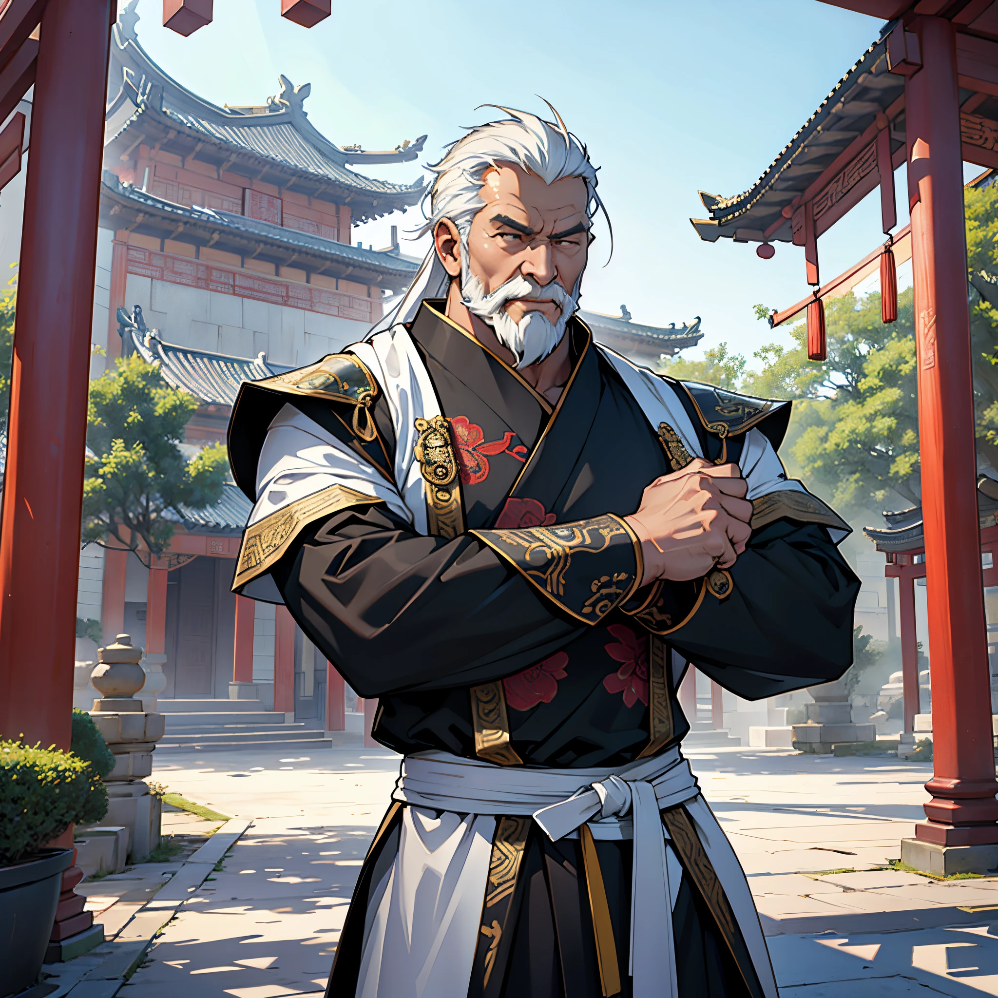 ​masterpiece, Best Quality, detailed, Cinematics, 4k, Background with:In front of a pavilion inside an ancient Chinese city, black&Wearing white traditional clothing and armor, A muscular old man who is an absolute expert in martial arts......, Cool pose