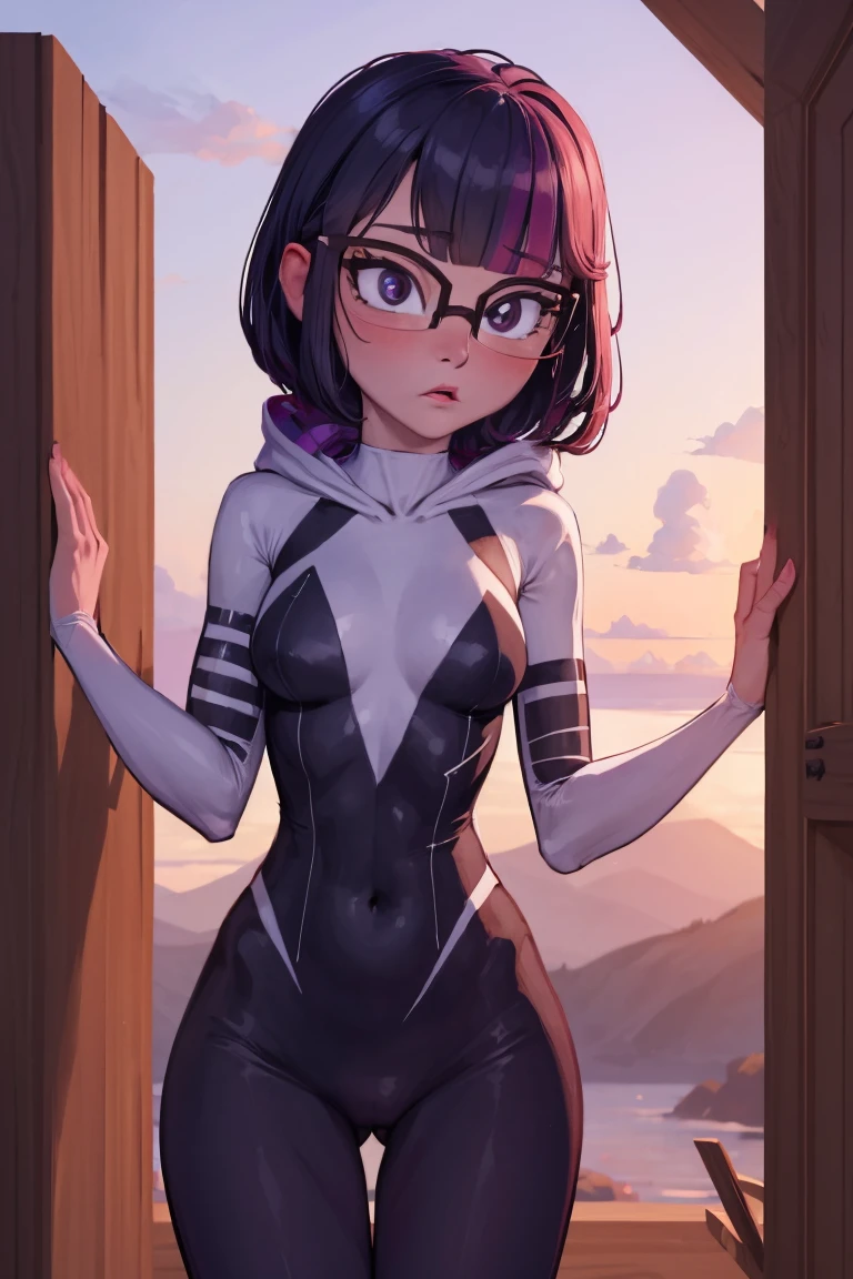Twilight sparkle wearing spidergwen costume, spidergwen costume, mlptwilight, glasses, spidergwen costume, hooded bodysuit, violet pink skin, colored skin, coloured skin, purple skin