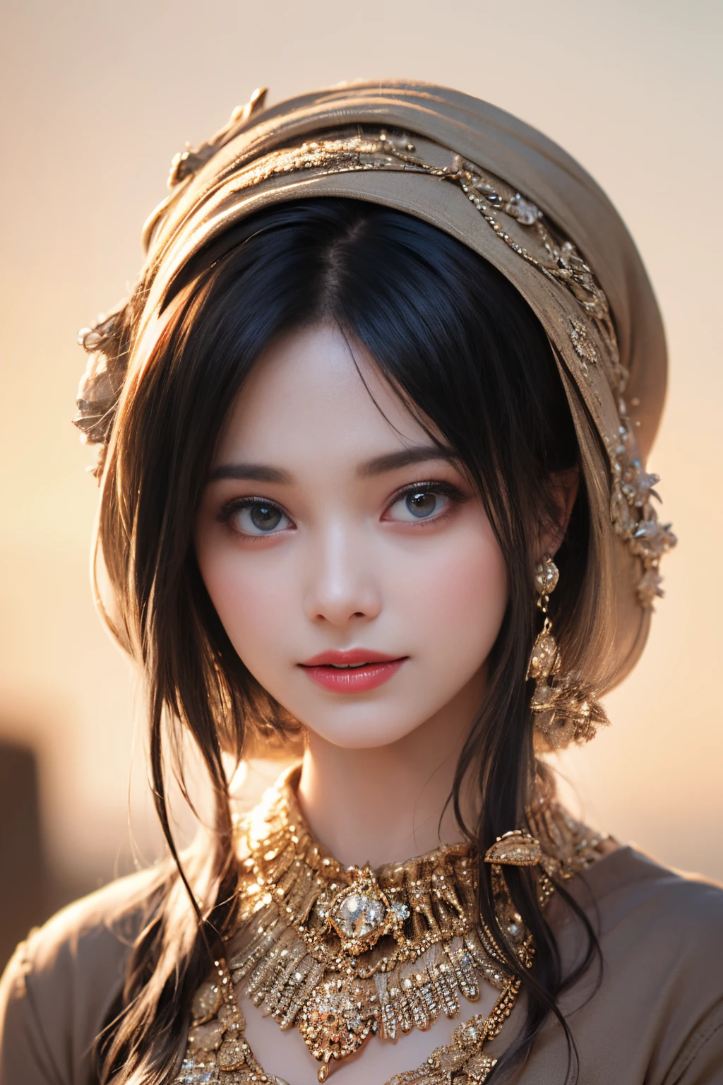 Highest Quality, Highest image quality, RAW Photos, Realistic, Photorealsitic, ultra detailed and beautiful, highest details, 1young girls, good-looking, Beautiful fair skin and luster, Beautiful eyes are big and bright, Small mouth and thin lips, hijabi, Goodness of style and slenderneseautiful big breasts:1.3), She has a cheerful personality and a cute smile......, Natural makeup, Pearl Pin Cripantasy see-through costume with cute details and wide breasts:1.5), Cute little girl s, beautiful girl illuminated by seven colors of light, Irridescent color,