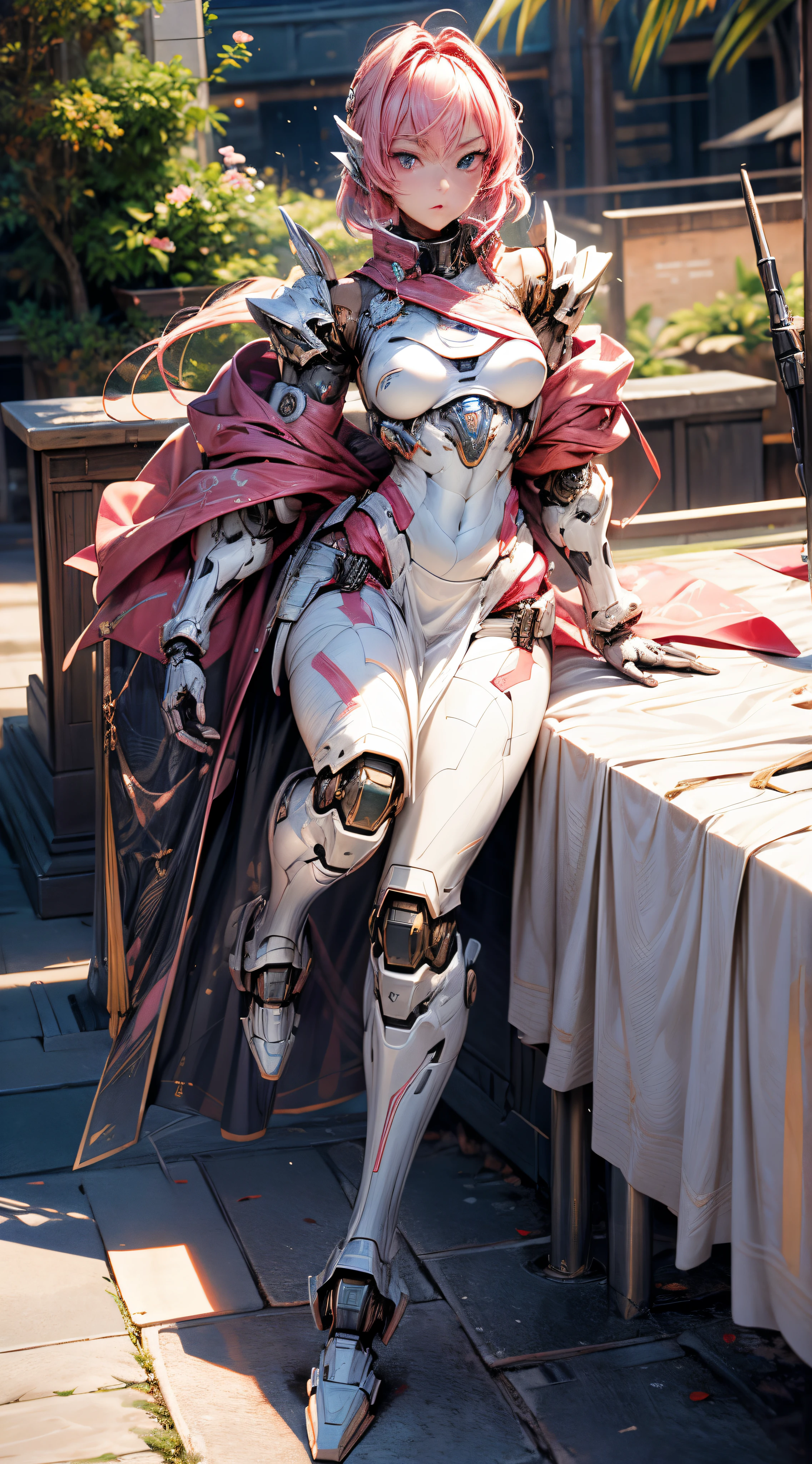 (((An epic and visually stunning digital anime masterpiece featuring a sylphlike masculine male space angel clad in a sleek yet tactical Pink armored military trench coat:1.2))), (((flat masculine male chest:1.5, mechanical mecha knight head:1.5))), (((the character adorned in a (scifi tactical armored open front trench coat with a built in exoskeleton, hood pulled up) (over a form fitted armor plated yet super sleek and revealing under suit with waist cut outs), the armor plating on the upper arms and shoulders beautifully engraved))):1.4. The image showcases the intricacies of the character’s armor and clothing, ((capturing their flamboyant essence and heavy mecha aesthetic:1.2)). The character also possesses an androgynous charm, (((with slim yet heavily muscled physique:1.2, sylphlike with a sleek waist, toned yet beautifully sleek cybernetic arms:1.3, mechanical arms and legs:1.3, mecha muscles:1.3))), looking at viewer