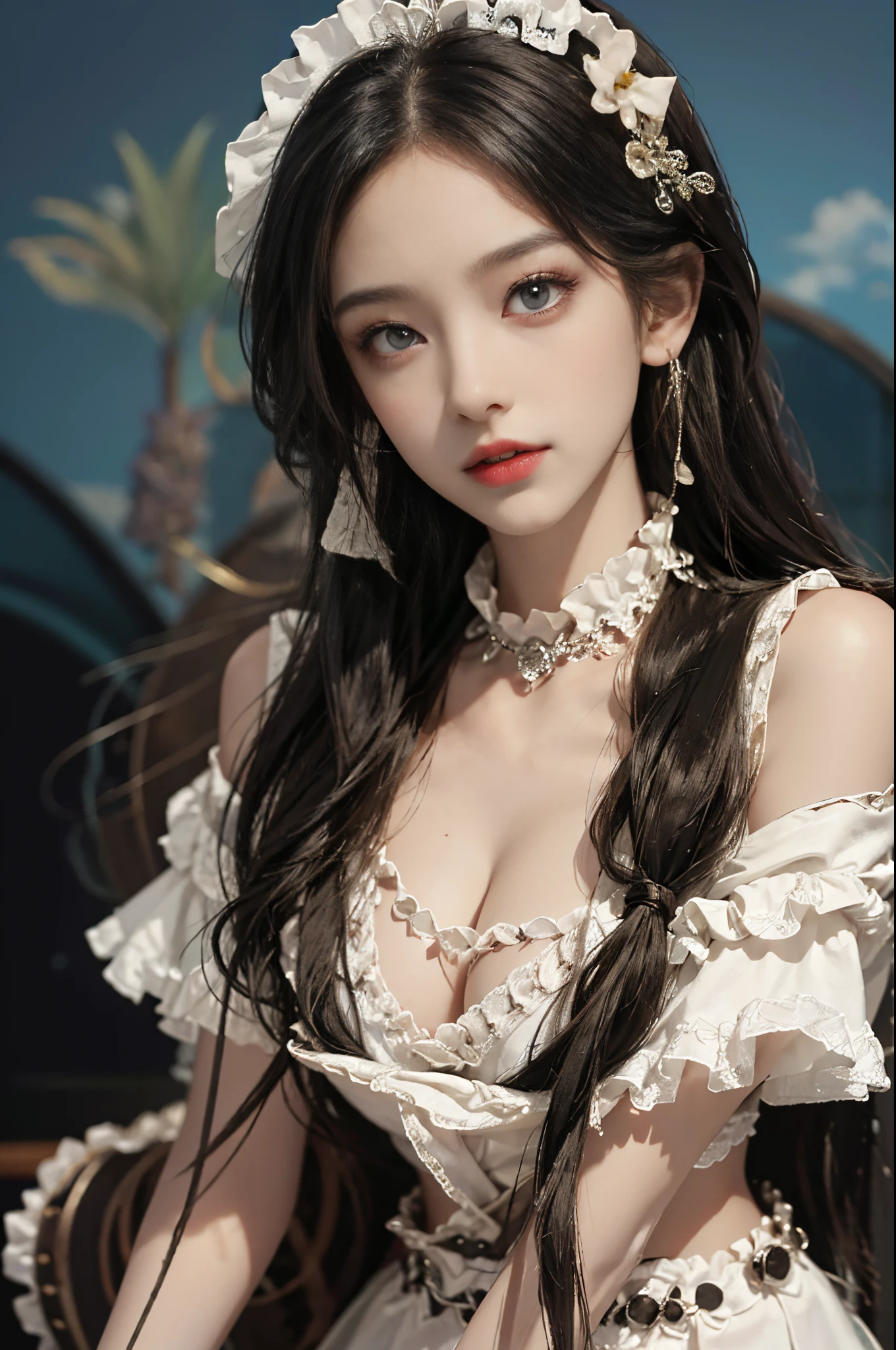 Special clothes39,maid, fashi-girl, red lips, mature female, makeup, Big eyes. Pretty eyes, ((Random shooting angles)), (best quality, masterpiece:1.2), ultra-detailed, (realistic:1.37), beautiful, youthful, glamorous model with (detailed eyes, detailed lips, extremely detailed eyes), with white and floral colors, showcasing a radiant smile, creating a breathtaking depiction of a girl, Warm tones, extremely high color saturation, official art, extremely detailed CG unified 8k wallpaper,(High dynamic range :1.4), (cinematic),(soft colors, dull colors, soothing tones :1.3), (natural skin texture, ultra-realistic, soft light, sharp),(very detailed), Night, moonlight, in the old wind tower, leaning against the guardrail, looking to the distance