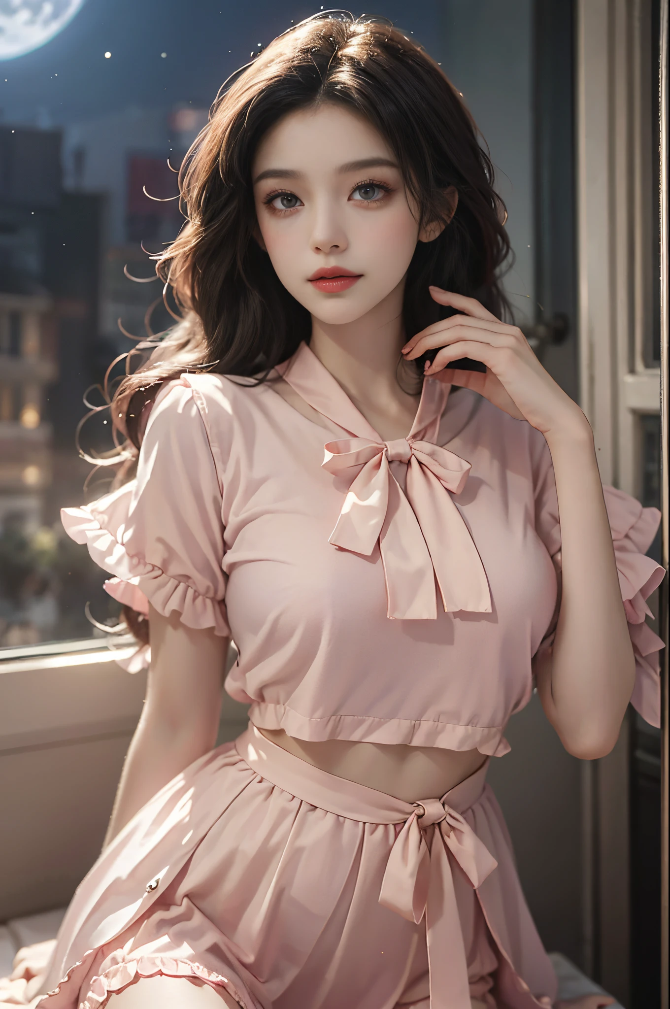 pink bow, shirt,skirt,sailor collar,midriff, fashi-girl, red lips, mature female, makeup, Big eyes.   Pretty eyes, ((Random shooting angles)), (best quality, masterpiece:1.2), ultra-detailed, (realistic:1.37), beautiful, youthful, glamorous model with (detailed eyes, detailed lips, extremely detailed eyes), with white and floral colors, showcasing a radiant smile, creating a breathtaking depiction of a girl, Warm tones, extremely high color saturation, official art,   extremely detailed CG unified 8k wallpaper,(High dynamic range :1.4), (cinematic),(soft colors,  dull colors,  soothing tones :1.3), (natural skin texture, ultra-realistic, soft light, sharp),(very detailed), Night, moonlight, in the old wind tower, leaning against the guardrail, looking to the distance