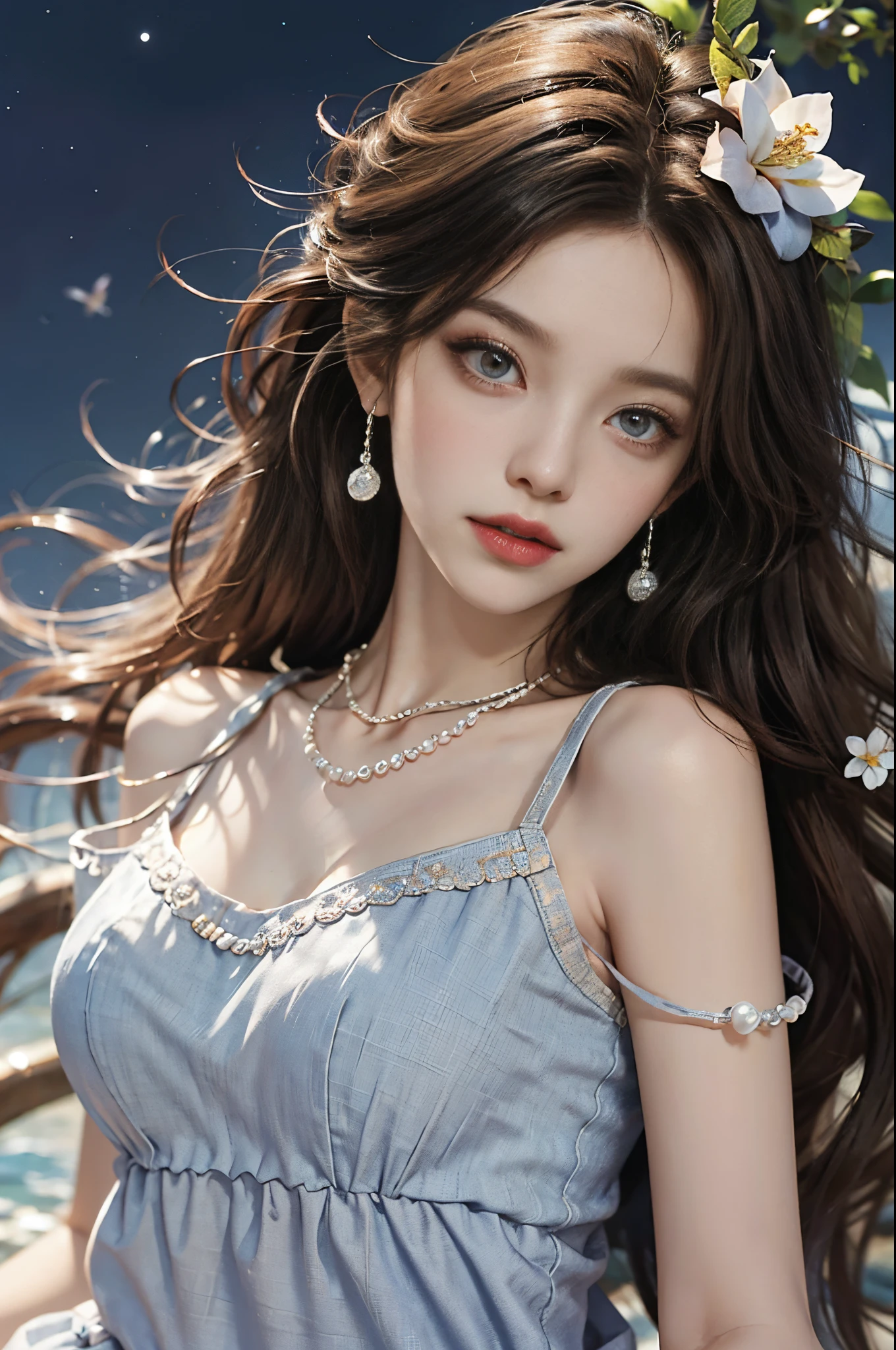 Sweet girl clothes2,pearl necklace,blue dress,flower,fashi-girl, red lips, mature female, makeup, Big eyes. Pretty eyes, ((Random shooting angles)), (best quality, masterpiece:1.2), ultra-detailed, (realistic:1.37), beautiful, youthful, glamorous model with (detailed eyes, detailed lips, extremely detailed eyes), with white and floral colors, showcasing a radiant smile, creating a breathtaking depiction of a girl, Warm tones, extremely high color saturation, official art, extremely detailed CG unified 8k wallpaper,(High dynamic range :1.4), (cinematic),(soft colors, dull colors, soothing tones :1.3), (natural skin texture, ultra-realistic, soft light, sharp),(very detailed), Night, moonlight, in the old wind tower, leaning against the guardrail, looking to the distance