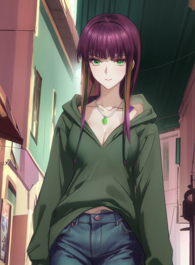 UHD,hiquality,Connect ticker and 8K, hight resolution,Very detailed CG, High quality shadows, Detail Beautiful delicate face, Detail Beautiful delicate eyes,BREAK(Highly detailed 8k wallpapers),(Highly detailed CG 8K wallpaper),Makima (chain saw man),Sukasaha (Fate/grand order),Shimohira Reihua ,Hi-Res,Very delicate and beautiful CG illustration,top-quality,beautiful thigh,big breasts thin waist,(((masutepiece))), (((Best Quality))),8K,32K,masterpiece,beautiful alluring anime woman,ultra-definition,ultra-detailliert,hight resolution,a hyperrealistic schoolgirl,masuter piece, Best Quality, High quality, High Definition, high quality texture, high quality shadow, high detailing,finely detail,A teenage girl,1girl in,High school students,Solo,Soio,Only one person,Alone,One Person,taki,Mature atmosphere,Leg length,neat and long legs,8 Head Body,stature:171cm,Mature girls,Reddish-purple hair,Reddish-purple hair,Purple hair,cassis colored hair,silky and smooth hair,Colorful hair,Straight hair,Smile,Cool Beauty,Beautuful Women,Neat face, Beautiful realism,Seductive look,Bewitching look,serene expressions,beautiful hairl,She wears a necklace around her neck,Necklace,bead necklace,magatama accessories,A slight smil,Colorful eyes,green colored eyes,Jade-colored eyes,beautidful eyes,Bright eye,Delicat eyes,Eyes Like Gems,Jade Eyes,Hanging eyes,(Green eyes:1.5),Seductive face,Watching the viewer,Model photo,simple background,Black hair, longeyelashes, lightsmile, Reddish-purple hair, cassis colored hair, Hairpin, lightsmile, Seductive smile, Jade-colored eyes, PUPILS SPARKLING, Hanging eyes, multicolored eyes, anime style, Hyperrealism, Realism, anime, 8k, super detail, ccurate, best quality, 16k, anatomically correct, ccurate, UHD, 16k, highres, best quality,parka,Plain clothe,((Black Lowrise Skinny Long Jeans)),hooded sweatshirt,((Sweatshirt)),stroll,Building Street,Sunlight,blue-sky,stroll,Bustling street,during daytime,Walking,takeout,Out,