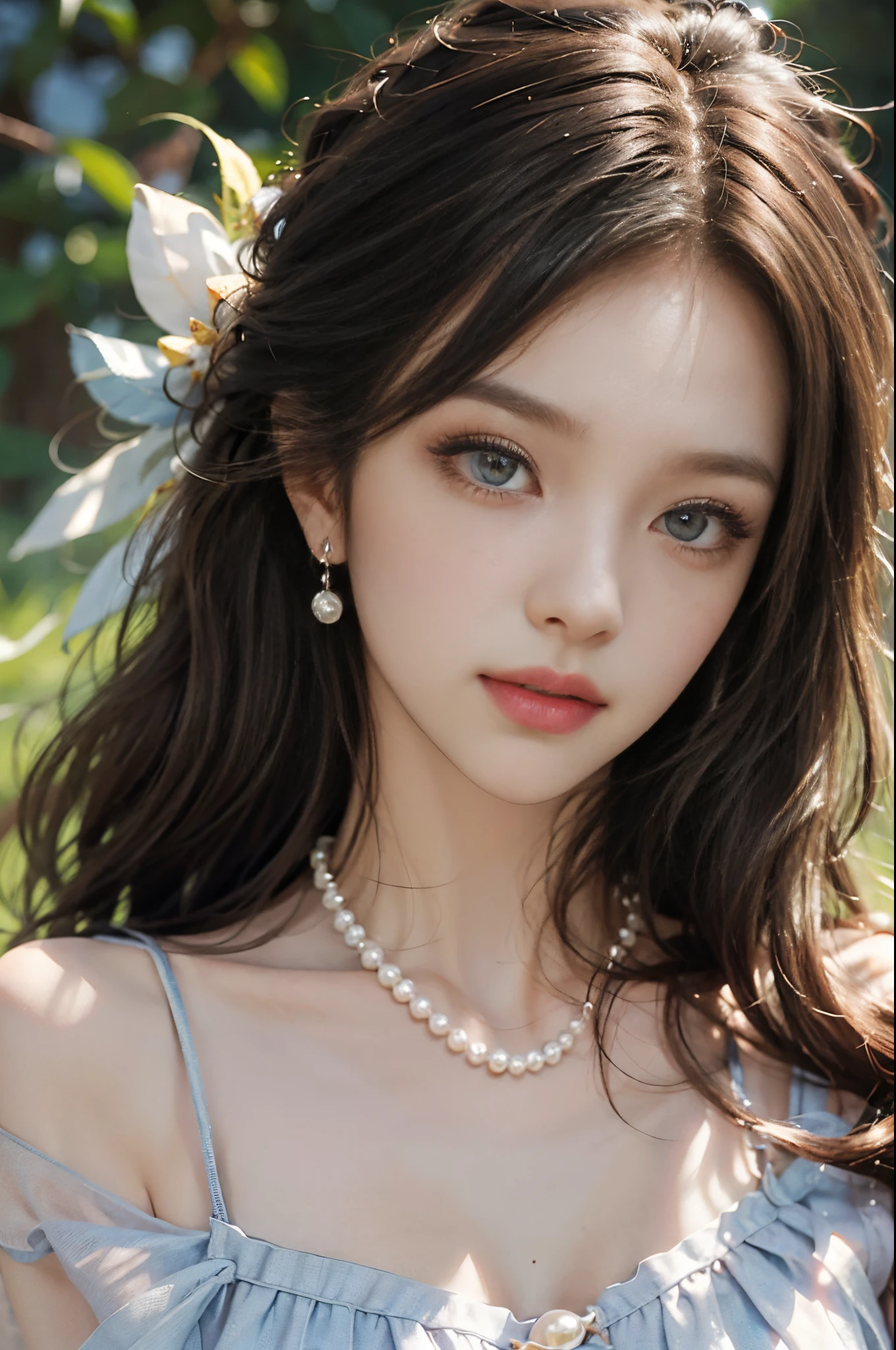 Sweet girl clothes2,pearl necklace,blue dress,flower,fashi-girl, red lips, mature female, makeup, Big eyes. Pretty eyes, ((Random shooting angles)), (best quality, masterpiece:1.2), ultra-detailed, (realistic:1.37), beautiful, youthful, glamorous model with (detailed eyes, detailed lips, extremely detailed eyes), with white and floral colors, showcasing a radiant smile, creating a breathtaking depiction of a girl, Warm tones, extremely high color saturation, official art, extremely detailed CG unified 8k wallpaper,(High dynamic range :1.4), (cinematic),(soft colors, dull colors, soothing tones :1.3), (natural skin texture, ultra-realistic, soft light, sharp),(very detailed), Night, moonlight, in the old wind tower, leaning against the guardrail, looking to the distance