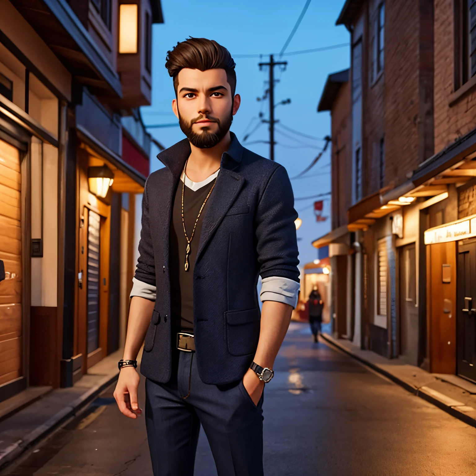 Young elegant and friendly presenter with beard, with a modern casual outfit with subtle details and a value watch. Estilo de arte de desenho cyberpunk.