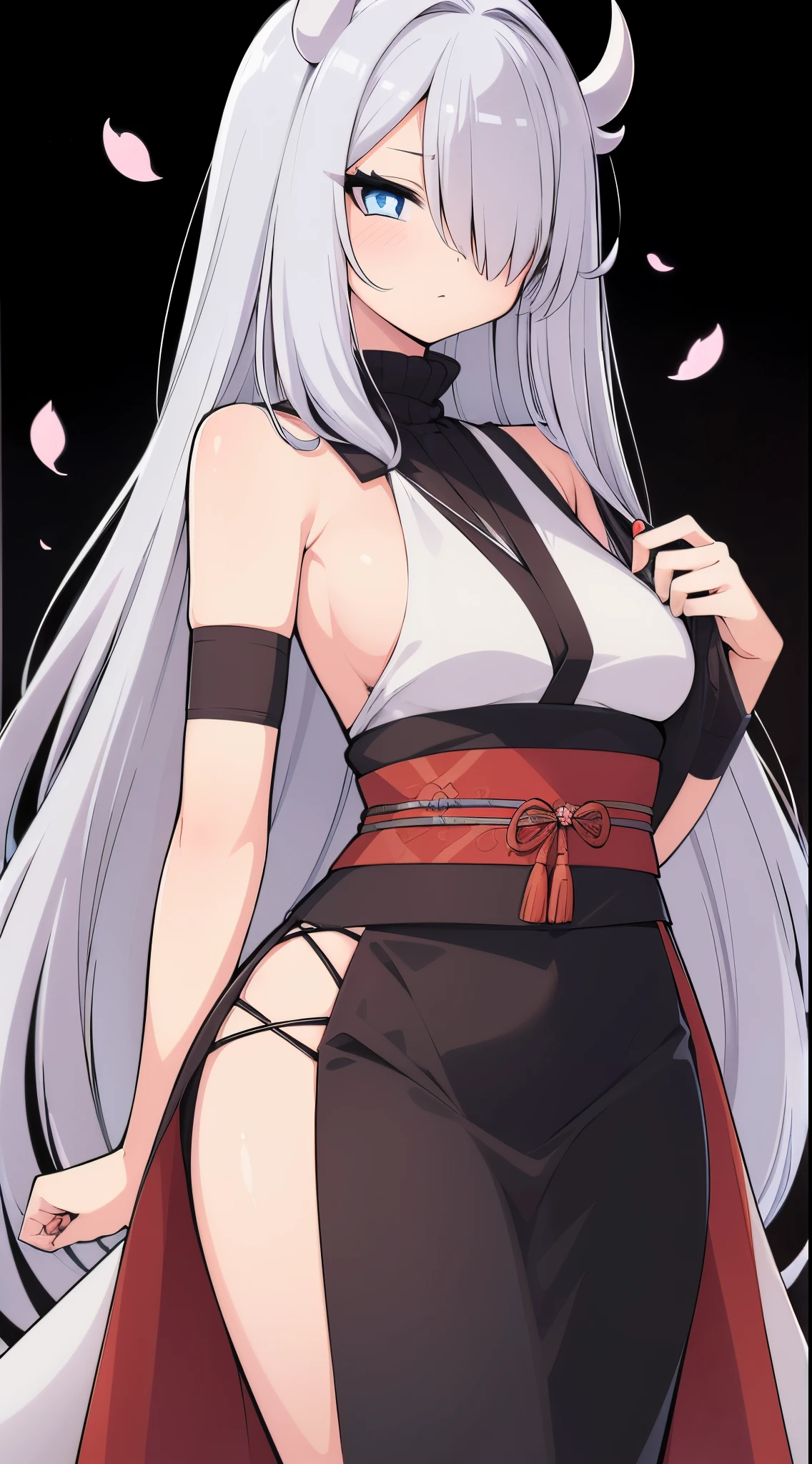 masterpiece), high quality, perfect face, detailed eyes, (dragon woman), feminine, elegant, (heterochromatic eyes), (serious expression), (curved horns), (white dragon wings), (white dragon tail), long silver hair, (medium breasts), (wearing a white and brown elegant kimono), (cherry blossom background), (looking at the viewer), Beautiful eyes, shining eyes, super detailed, perfect eyes, glowing eyes, (long hair, (hair over one eye:1.2)