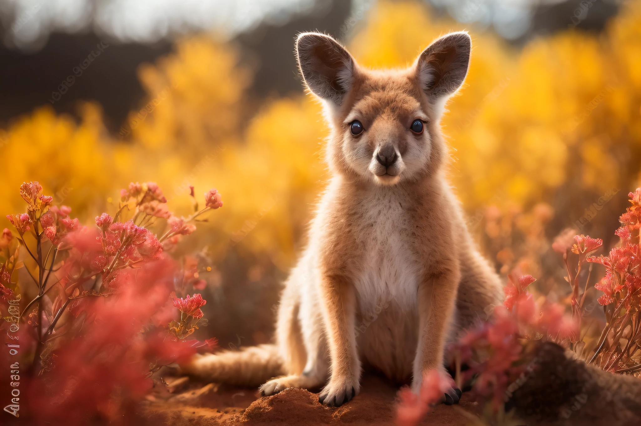 there a small kangaroo sitting in the middle of a field, australian, kangaroo, aussie, portrait kangaroo animal, cute animal, australian bush, australia, “portrait of a cartoon animal, , in the australian desert, australian desert, beautiful nature, photo of a beautiful, australian wildflowers, in a dusty red desert