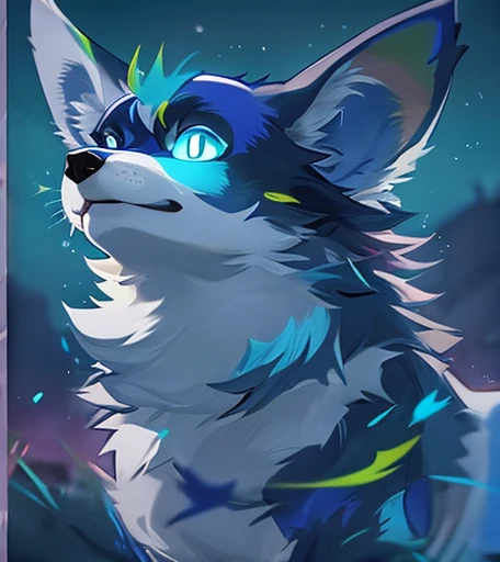 blue and purple corgi, with thin body, heroic, fierce, cinema, internal glow