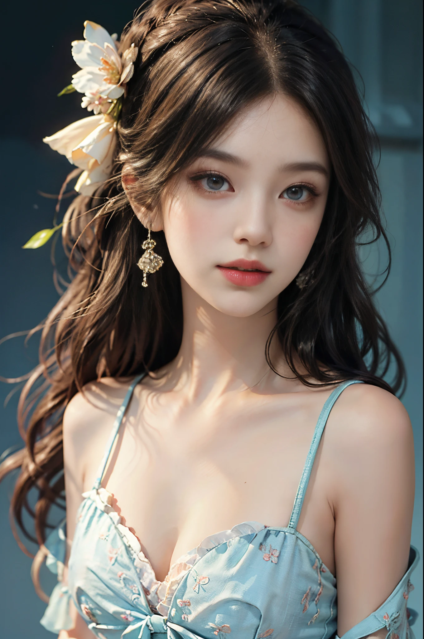 blue dress,blue bra,large breasts,cleavage,underwear, fashi-girl, red lips, mature female, makeup, Big eyes, Pretty eyes, ((full body)), ((Random shooting angles)), (best quality, masterpiece:1.2), ultra-detailed, (realistic:1.37), beautiful, youthful, glamorous model with (detailed eyes, detailed lips, extremely detailed eyes), with white and floral colors, showcasing a radiant smile, creating a breathtaking depiction of a girl, Warm tones, extremely high color saturation, official art,   extremely detailed CG unified 8k wallpaper,(High dynamic range :1.4), (cinematic),(soft colors,  dull colors,  soothing tones :1.3), (natural skin texture, ultra-realistic, soft light, sharp),(very detailed), Night, moonlight, In an antique pavilion, sit on a bench against the guardrail