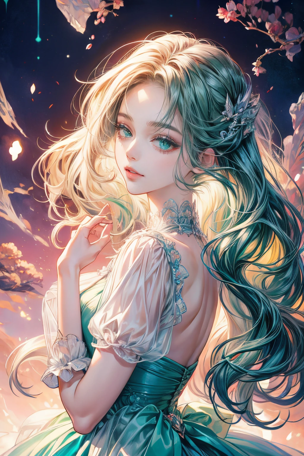 Prompt quality:1.4), (tmasterpiece:1.4), 超高分辨率, 8K, CG, Exquisite, The upper part of the body, Solitary, Thumb girl, Little princess, Blue taffeta court dress, Sea backgroun, detailedfacialfeatures, red long wavy hair, almond eyes, Detailed eye makeup, Long eyelashes, Green eyes and starry gaze, Delicate lip detailing, Soft and harmonious style.