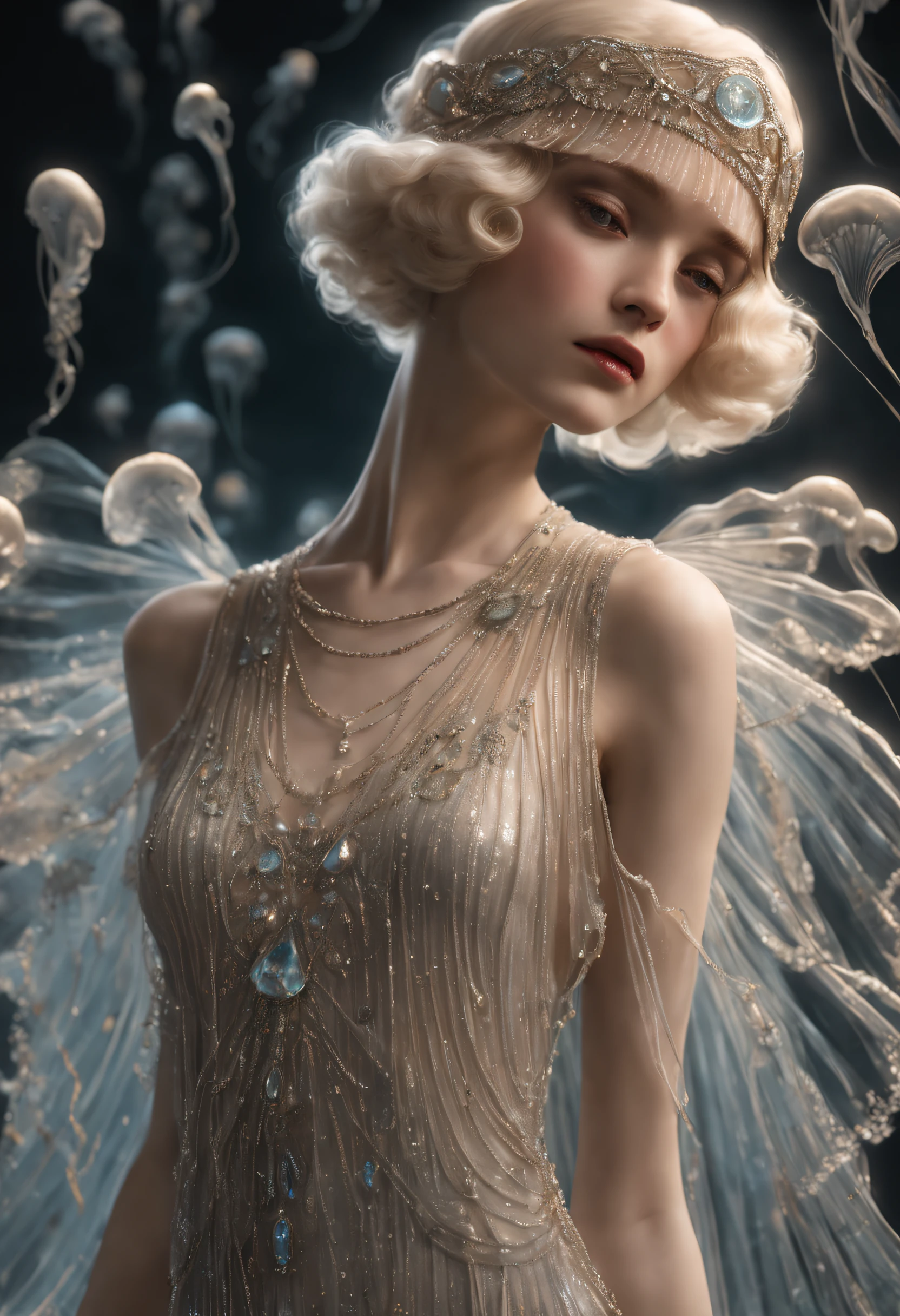 Close up shot, zoomed in shot, 1920s flapper glam gown, Translucent ethereal jellyfish clothing, ultra detailed features, symmetrical details, 48K clothing details