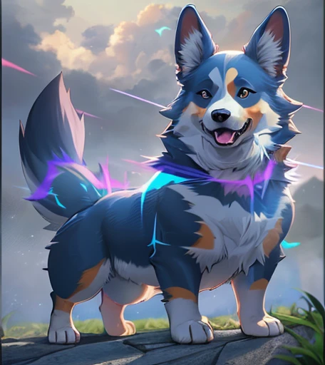 blue and purple corgi, with thin body, heroic, fierce, internal glow