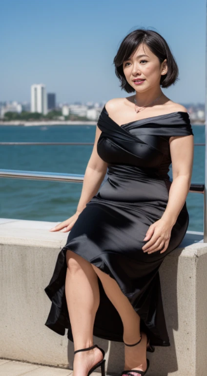 (((1 Japanese 41 MILF))), ((Sagging under the eyes)),(((nasolabial folds))),独奏,masutepiece, Best Quality, Photorealsitic, super detailed skin, Sharpen, Perfect Anatomy,((Sea view hill)),Anatomy,独奏,Longhaire,((old body)), (((Sagging udder))) (thick waist),(flabby body)(,Plump body),bunk butt,Serious look,Mature AV Actress, glamor, A sexy,(((Fair skin with many wrinkles))),small diamond necklace,(((Black Satin Dress))),long skirt,(Red high heels),Staring at this,