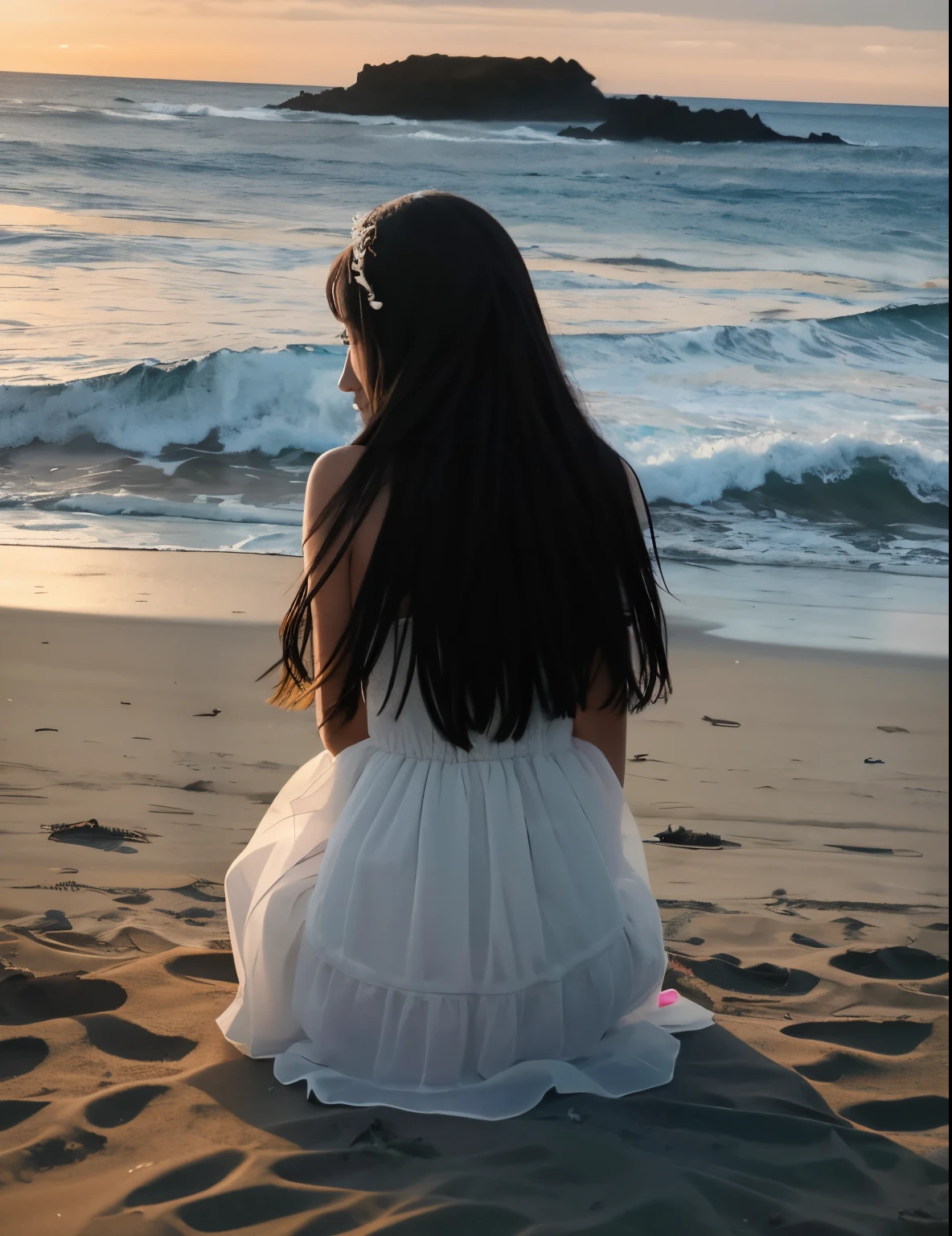 Woman in black dress sitting on the beach looking at the sea, The girl looked at the waves, sitting in beach, sentado na praia, Looking at the sea, Photo at the back, looking at the ocean, beach aesthetic, relaxing on the beach, User photo, Very relaxing on the beach