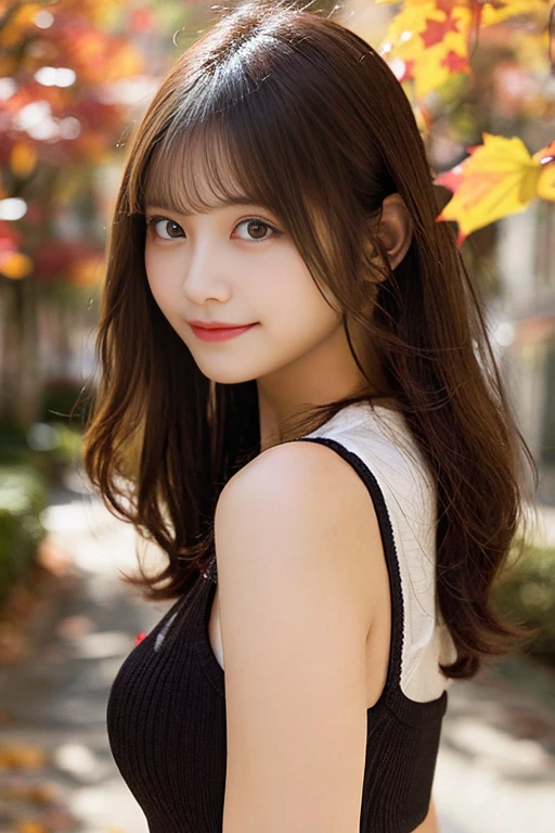 masutepiece, Best Quality, Illustration, Ultra-detailed, finely detail, hight resolution, 8K Wallpaper, Perfect dynamic composition, Beautiful detailed eyes, full body Esbian、Under the autumn leaves、knit,Medium Hair,Natural Color Lip, Bold sexy poses,Smile,Harajuku、20 years girl、Cute、Sexy shot looking at camera、C Cup、Brown hair、cacique#39;s face