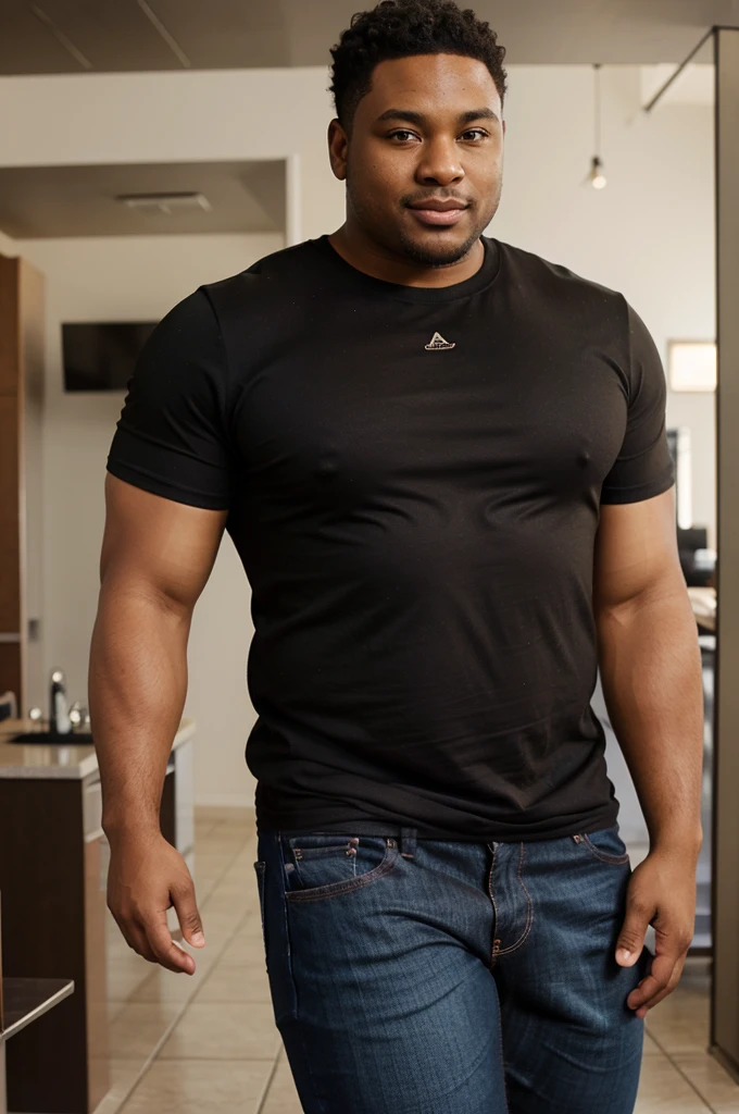 handsome and beautiful chubby African American man, medium brown skin tone, smirking with natural twisted brown hair half body shot wearing a black t-shirt and jeans
