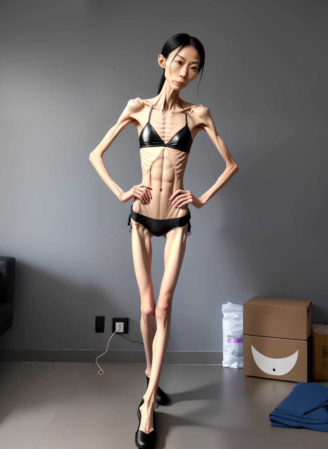 extremely thin man,The body very thin,Rib chest,Protruding sternum,The sternum distinct,The waist very thin,The ribs are noticeable,Protruding ribs,The pelvic protrusion very obvious,Clear outline of pelvis,The crotch protrudes,thin shoulde,The waist very thin,Sunken abdomen,Abdominal muscle atrophy,Delicate arms,arm muscle atrophy,Slender thighs,Knees are obviously protruding,Ankle bulges,The ankle bones are obvious,The leg bones are obvious,leg muscle atrophy,anorexia,Wear tight leather pants,Wear slippers,Significant atrophy of dorsalis pedis muscles,Asia face,Haggard expression,domestic violence,Excessive weight loss,sunken face,man on diet,Severe malnutrition,The body so thin that only the skeleton left