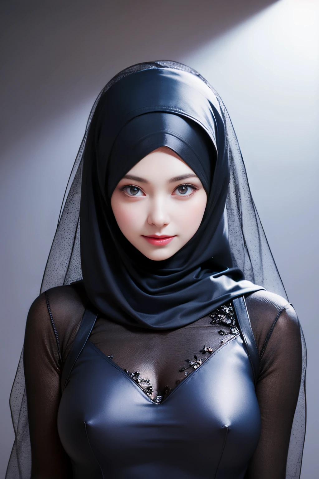 nsfw,Highest Quality, Highest image quality, RAW Photos, Realistic, Photorealsitic, ultra detailed and beautiful, highest details, 1young girls, good-looking, Beautiful fair skin and luster, Beautiful eyes are big and bright, Small mouth and thin lips, hijabi, Goodness of style and slenderneseautiful big breasts:1.3), She has a cheerful personality and a cute smile......, Natural makeup, Pearl Pin Cripantasy see-through costume with cute details and wide breasts:1.5),  s, beautiful girl illuminated by seven colors of light, Irridescent color,