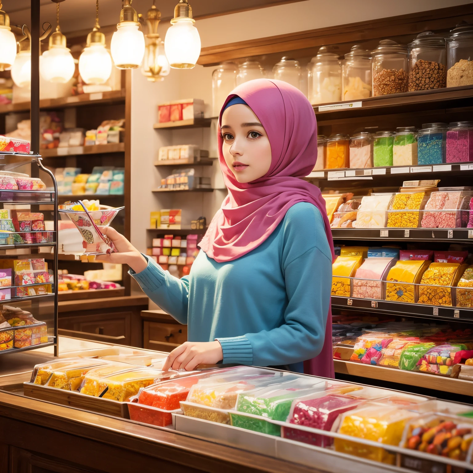 (best quality,4k,8k,highres,masterpiece:1.2),ultra-detailed,(realistic,photorealistic,photo-realistic:1.37),girl in a candy shop, vibrant colors, Muslim girl, wearing a hijab, Arab girl.
Texture: Detailed hand-drawn illustration, resembling a watercolor painting.
Additional details: Colorful candy jars filled with various sweets, shelves stacked with candy boxes, a friendly shopkeeper behind the counter, a delightful aroma of candy in the air.
Artistic style: Whimsical and playful illustration with a touch of realism.
Color tone: Bright and cheerful colors, with a focus on pastel shades.
Lighting: Soft and warm lighting, casting a gentle glow on the candy and creating a cozy atmosphere.