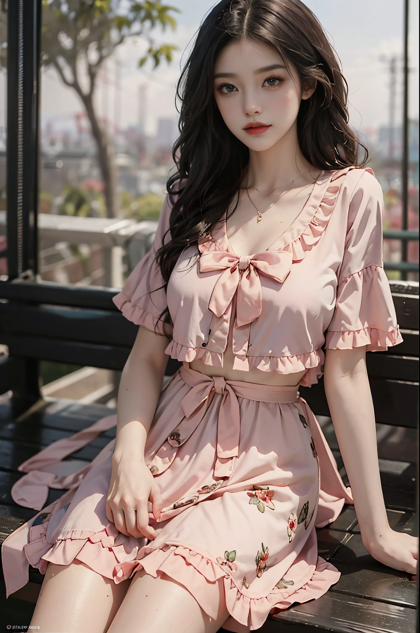 pink bow, shirt,skirt,sailor collar,midriff, fashi-girl, red lips, mature female, makeup, Big eyes, Pretty eyes, ((full body)), ((Random shooting angles)), (best quality, masterpiece:1.2), ultra-detailed, (realistic:1.37), beautiful, youthful, glamorous model with (detailed eyes, detailed lips, extremely detailed eyes), with white and floral colors, showcasing a radiant smile, creating a breathtaking depiction of a girl, Warm tones, extremely high color saturation, official art,   extremely detailed CG unified 8k wallpaper,(High dynamic range :1.4), (cinematic),(soft colors,  dull colors,  soothing tones :1.3), (natural skin texture, ultra-realistic, soft light, sharp),(very detailed), Night, moonlight, In an antique pavilion, sit on a bench against the guardrail