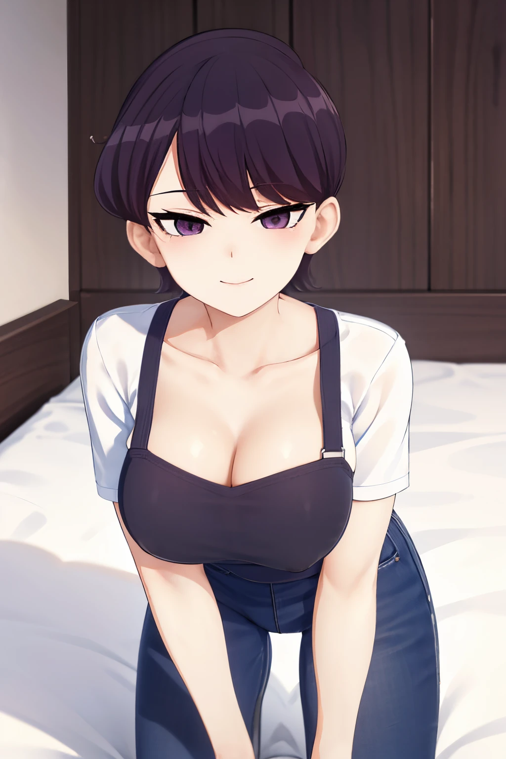 komi shuuko, simple background, dark purple eyes, short wavy hair, dark purple hair, smiling, seductive, closed mouth, looking at viewer, pov (from below) cleavage, in bed, on all fours, mature woman, curves, 1 girl, alone, thick thighs, alone, apron, white background, thighs, big breasts, medium waist, wide hips, white shirt, tight blue jeans, good hands, good anatomy