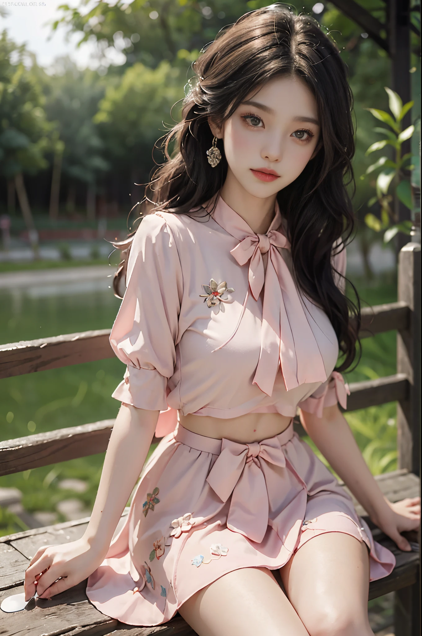 pink bow, shirt,skirt,sailor collar,midriff, fashi-girl, red lips, mature female, makeup, Big eyes, Pretty eyes, ((full body)), ((Random shooting angles)), (best quality, masterpiece:1.2), ultra-detailed, (realistic:1.37), beautiful, youthful, glamorous model with (detailed eyes, detailed lips, extremely detailed eyes), with white and floral colors, showcasing a radiant smile, creating a breathtaking depiction of a girl, Warm tones, extremely high color saturation, official art,   extremely detailed CG unified 8k wallpaper,(High dynamic range :1.4), (cinematic),(soft colors,  dull colors,  soothing tones :1.3), (natural skin texture, ultra-realistic, soft light, sharp),(very detailed), Night, moonlight, In an antique pavilion, sit on a bench against the guardrail