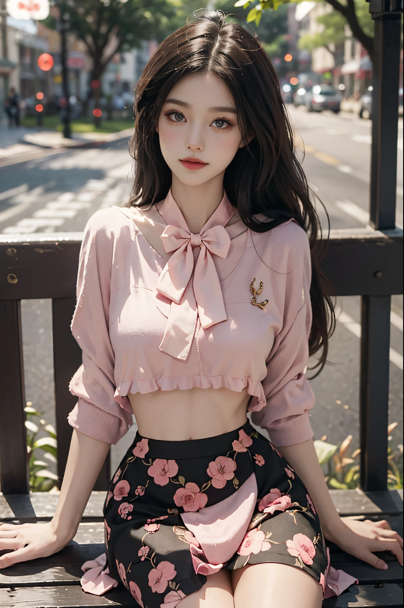 pink bow, shirt,skirt,sailor collar,midriff, fashi-girl, red lips, mature female, makeup, Big eyes, Pretty eyes, ((full body)), ((Random shooting angles)), (best quality, masterpiece:1.2), ultra-detailed, (realistic:1.37), beautiful, youthful, glamorous model with (detailed eyes, detailed lips, extremely detailed eyes), with white and floral colors, showcasing a radiant smile, creating a breathtaking depiction of a girl, Warm tones, extremely high color saturation, official art,   extremely detailed CG unified 8k wallpaper,(High dynamic range :1.4), (cinematic),(soft colors,  dull colors,  soothing tones :1.3), (natural skin texture, ultra-realistic, soft light, sharp),(very detailed), Night, moonlight, In an antique pavilion, sit on a bench against the guardrail