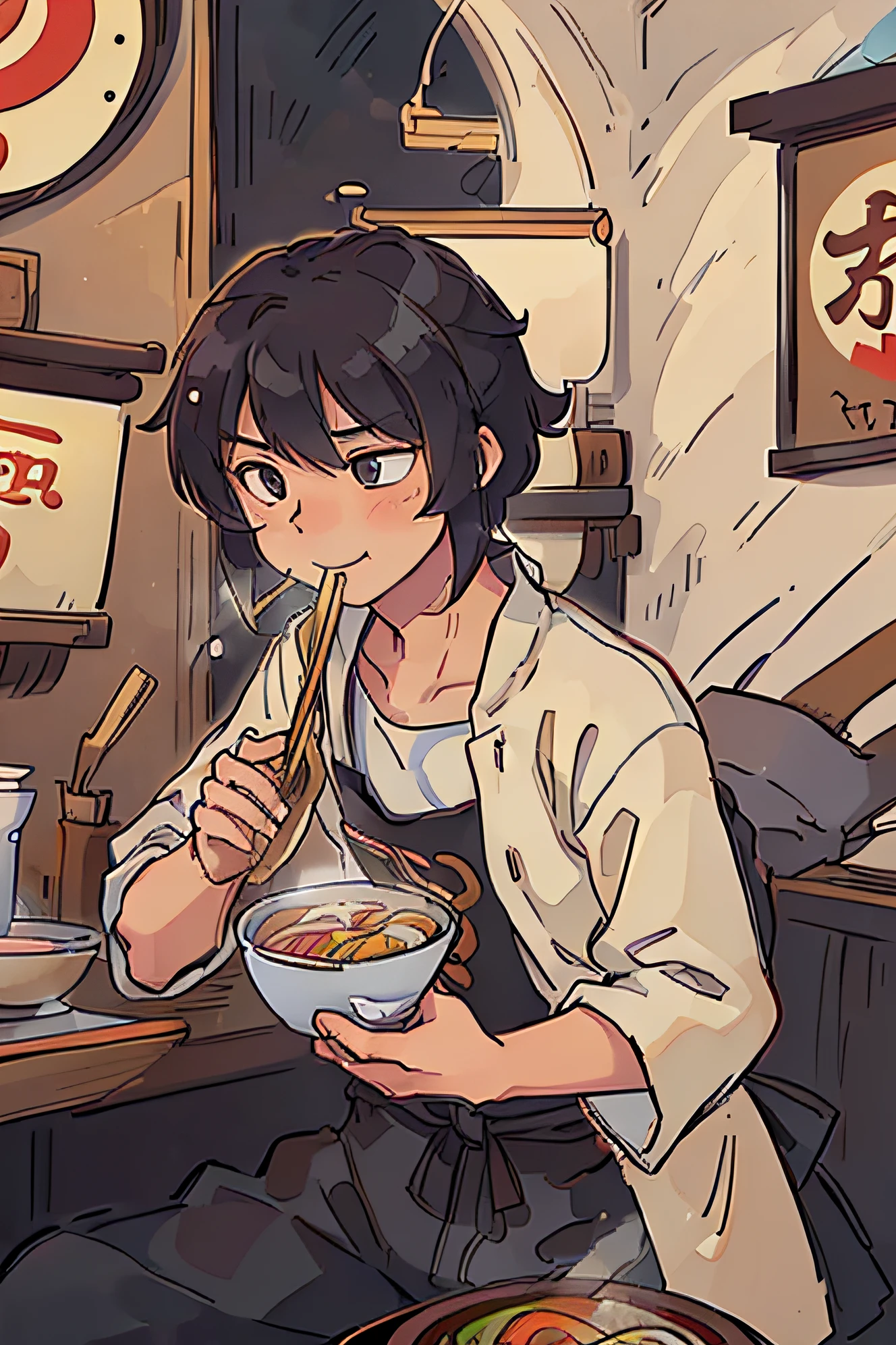 At dusk, At a ramen shop in a corner of the downtown area、A young Japanese man was sipping delicious-looking ramen in a calm atmosphere.. The interior of the store is warmly lit., The aroma of ramen wafts along with the sound of slurping noodles. Chopsticks in hand, The young man savored each bite slowly., Feel the steam rising from the bowl.
a satisfied smile appears on his face, You can see that the ramen soup remains on your lips.. People around me are quietly enjoying their meal., The interior creates an atmosphere unique to a ramen shop.. It's night outside, The city lights create an even more beautiful view.
The scene of young people eating ramen、A moment that conveys peace and deliciousness, Along with Japanese food culture.