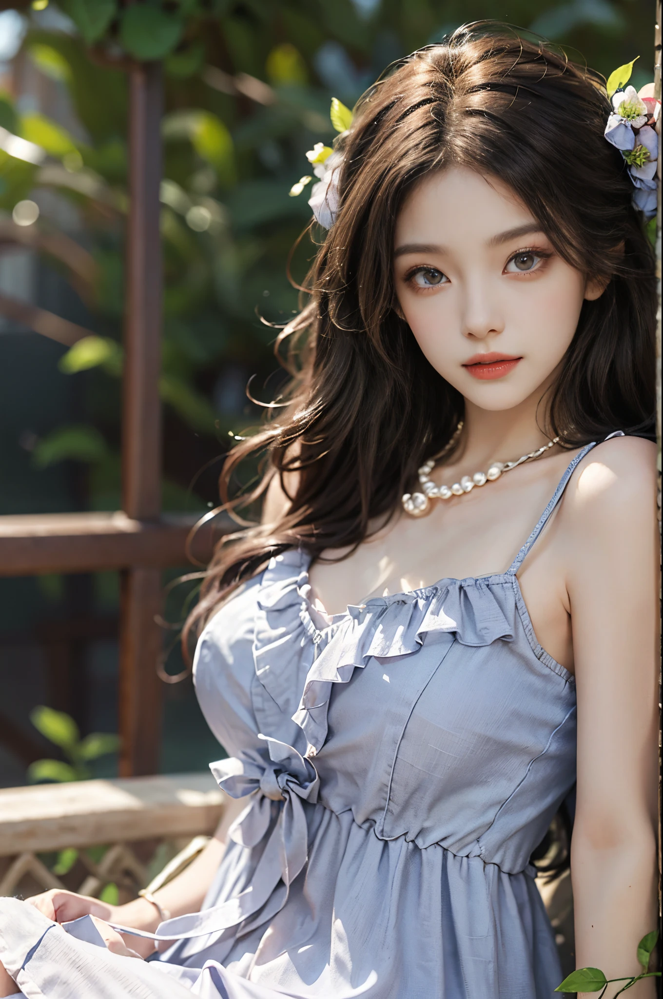 Sweet girl clothes2,pearl necklace,blue dress,flower,, fashi-girl, red lips, mature female, makeup, Big eyes, Pretty eyes, ((full body)), ((Random shooting angles)), (best quality, masterpiece:1.2), ultra-detailed, (realistic:1.37), beautiful, youthful, glamorous model with (detailed eyes, detailed lips, extremely detailed eyes), with white and floral colors, showcasing a radiant smile, creating a breathtaking depiction of a girl, Warm tones, extremely high color saturation, official art,   extremely detailed CG unified 8k wallpaper,(High dynamic range :1.4), (cinematic),(soft colors,  dull colors,  soothing tones :1.3), (natural skin texture, ultra-realistic, soft light, sharp),(very detailed), Night, moonlight, In an antique pavilion, sit on a bench against the guardrail