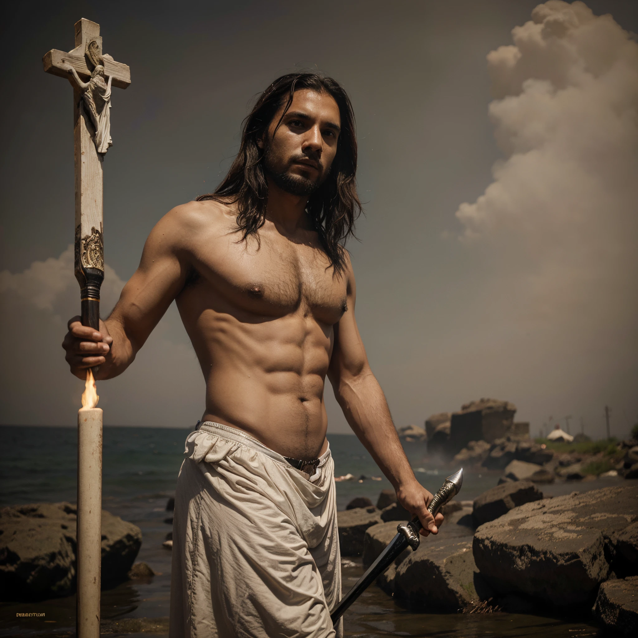 Crie uma arte de jesus Cristo segurando uma espada de fogo