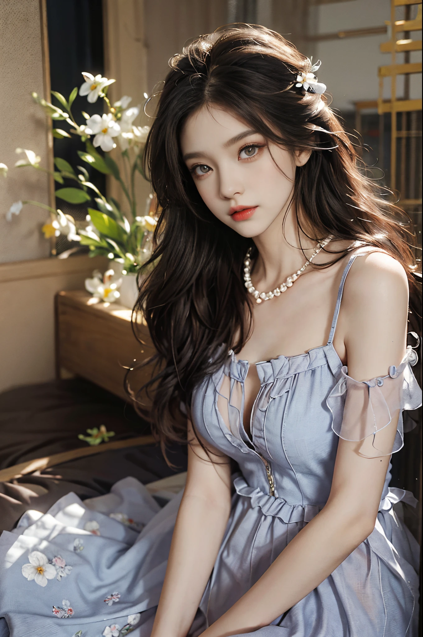Sweet girl clothes2,pearl necklace,blue dress,flower,, fashi-girl, red lips, mature female, makeup, Big eyes, Pretty eyes, ((full body)), ((Random shooting angles)), (best quality, masterpiece:1.2), ultra-detailed, (realistic:1.37), beautiful, youthful, glamorous model with (detailed eyes, detailed lips, extremely detailed eyes), with white and floral colors, showcasing a radiant smile, creating a breathtaking depiction of a girl, Warm tones, extremely high color saturation, official art, extremely detailed CG unified 8k wallpaper,(High dynamic range :1.4), (cinematic),(soft colors, dull colors, soothing tones :1.3), (natural skin texture, ultra-realistic, soft light, sharp),(very detailed), Night, moonlight, In an antique pavilion, sit on a bench against the guardrail