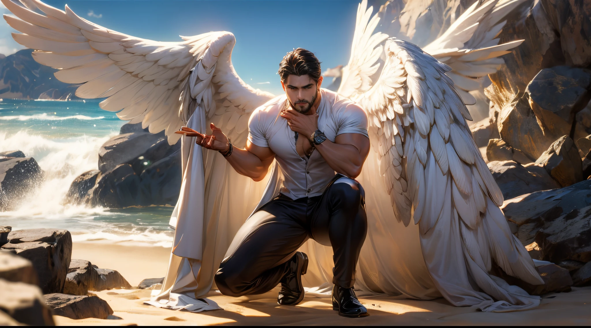 1 protagonist character, young handsome, LatinLover OC, beautiful face, attractive feature, skin dark-tanned, blue eyes, demanding expression, big white wings coming with the backpack, 2 wings of angel, physical fitness, combat stance, man long haircut medium, black brown hairstyle, small beard, men's clothes, casual shirt,complete outfit, anatomically correct, full body tattoo´s, environment: Valley