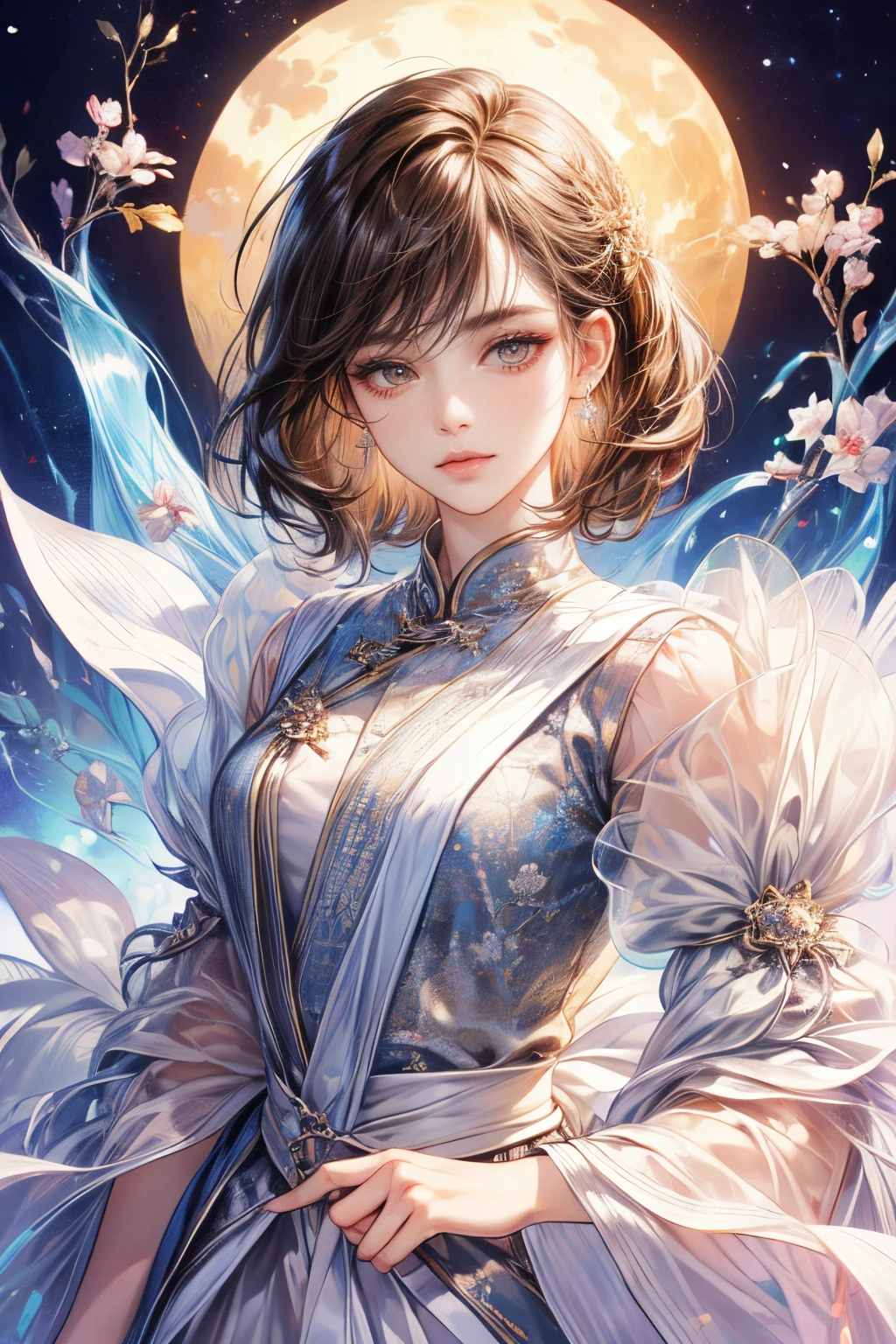 A woman in a blue dress with a flower in her hand - SeaArt AI