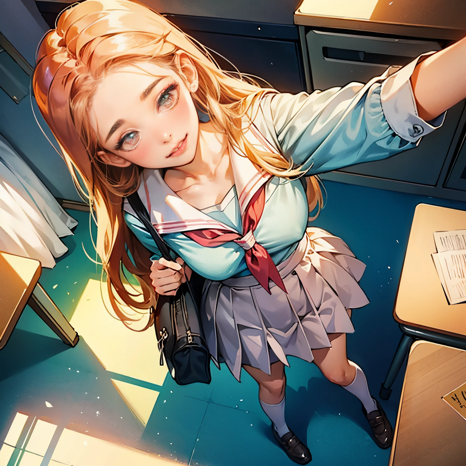 POV, from above, full body,1girl, parted lips, blush, makeup, light smile, school uniform, classroom, school bag, light rays, glow, thighs, collarbone, narrow waist, (masterpiece), wallpaper,