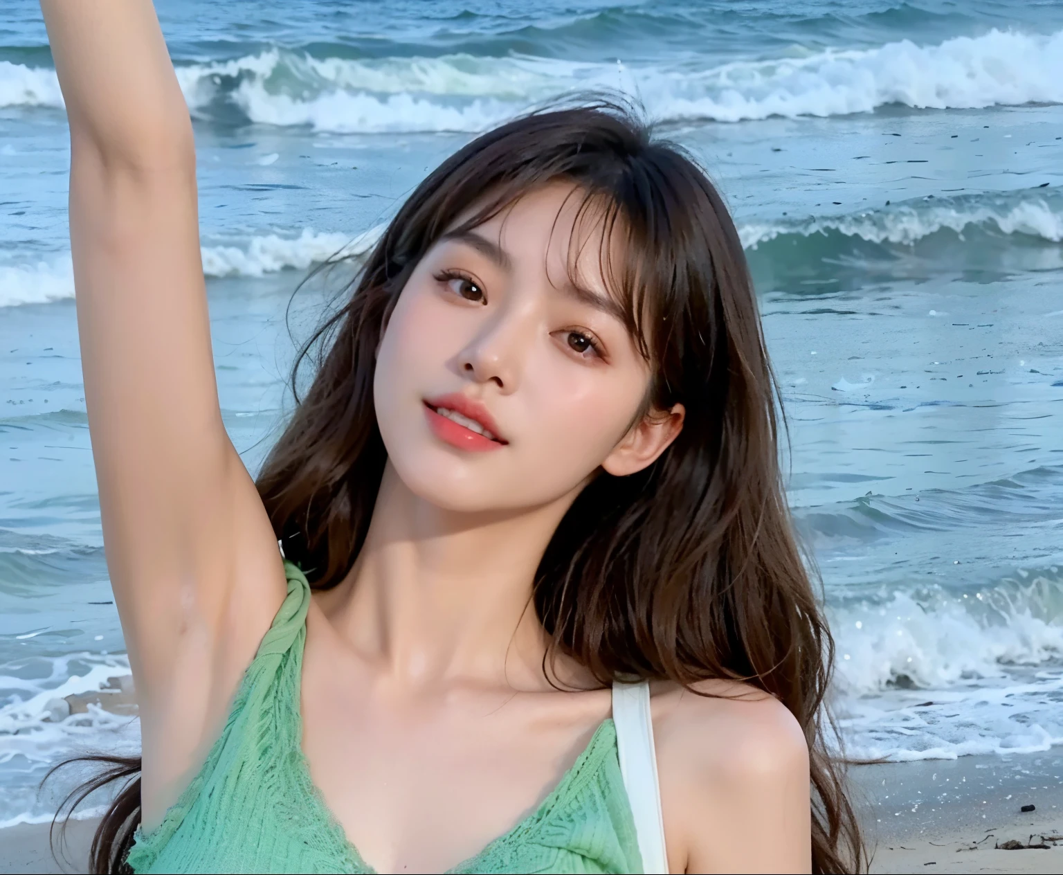 Close-up of a woman wearing a green top on the beach, Di Li Gerba, cute korean actress, lalisa manobal, Nam Jae-yeon, Shoulder length wavy hair, beautiful Korean women, With bangs, ulzzangs, gorgeous young korean woman, beautiful young korean woman, bangs and wavy hair, xintong chen