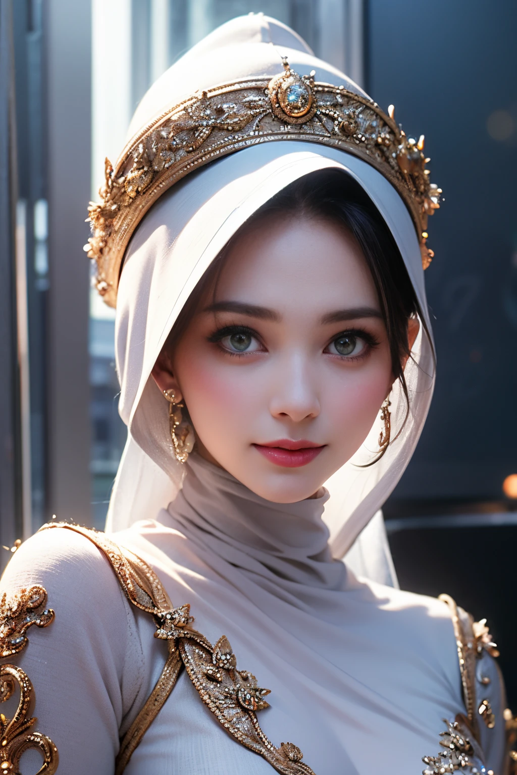 nsfw,Highest Quality, Highest image quality, RAW Photos, Realistic, Photorealsitic, ultra detailed and beautiful, highest details, 1young girls, good-looking, Beautiful fair skin and luster, Beautiful eyes are big and bright, Small mouth and thin lips, hijabi, Goodness of style and slenderneseautiful big breasts:1.3), She has a cheerful personality and a cute smile......, Natural makeup, Pearl Pin Cripantasy see-through costume with cute details and wide breasts:1.5), Cute little girl s, beautiful girl illuminated by seven colors of light, Irridescent color,