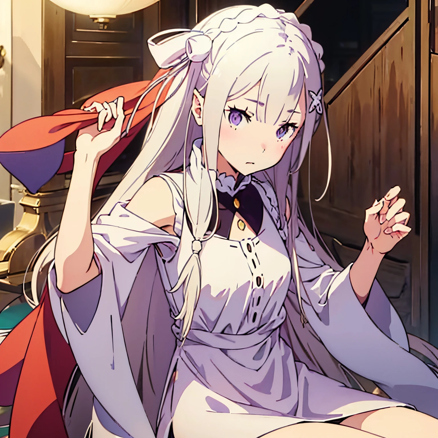 emilia (re:zero), shy eyes, sonrojada, light red and white clothing like the flag of Peru, sexy