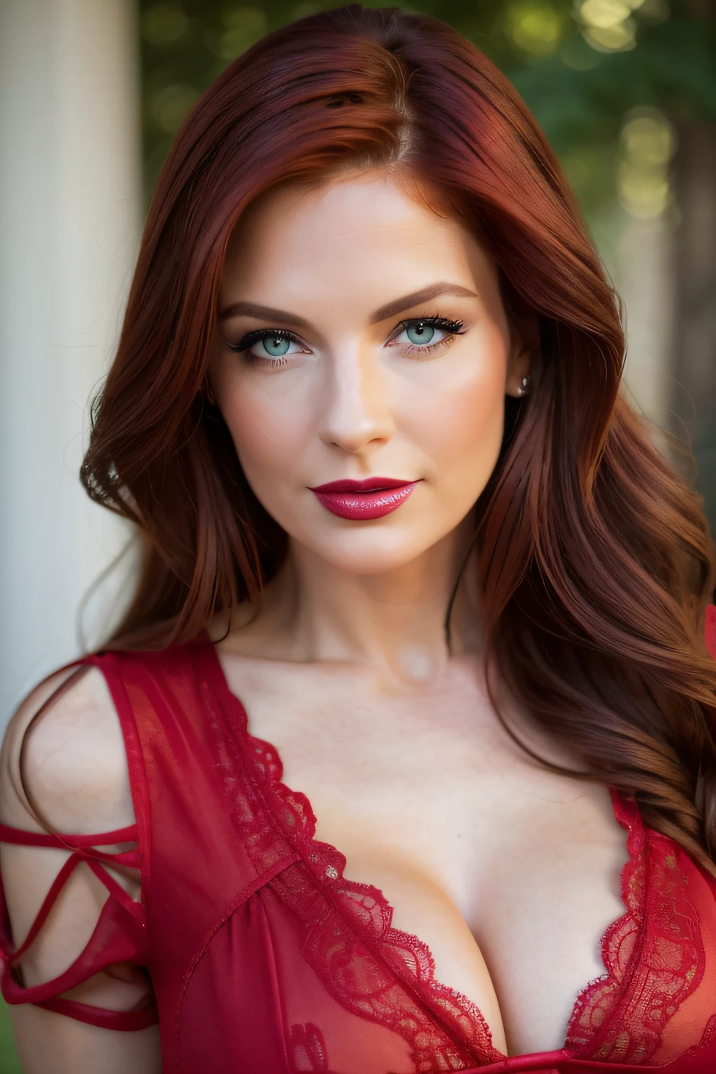 Create a realistic photo image of a woman in her mid-40s. She has crimson red hair, big piercing blue eyes, and luscious lips. She wearing shimmering makeup, She has an hourglass figure and natural breasts proportionate to her body size. She is around 5"0" tall. She wearing a red summer dress. She has on bright red lipstick. The photo is a closeup shot using a Canon Rebel T7 camera with a 35mm lens. close up