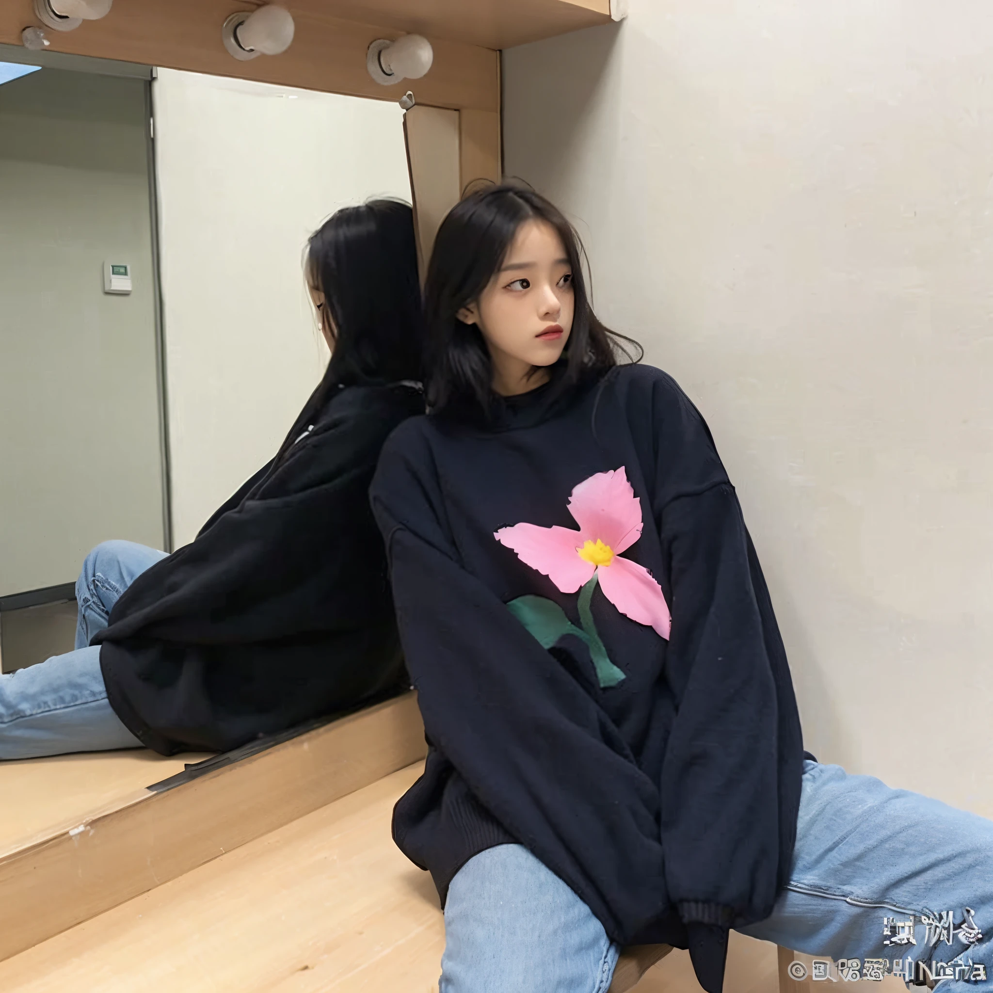 arafed woman sitting on a wooden step with a flower on a sweatshirt, jisoo of blackpink, jisoo from blackpink, jossi of blackpink, portrait jisoo blackpink, wearing a hoodie and flowers, black oversized clothes, ulzzang, blackpink jennie, bae suzy, kim doyoung, wearing jeans and a black hoodie, she wearing streetwear, wearing an oversized hoodie