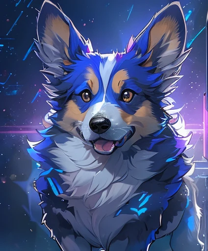 Stunning blue and purple corgi, with thin body, heroic, fierce, internal glow