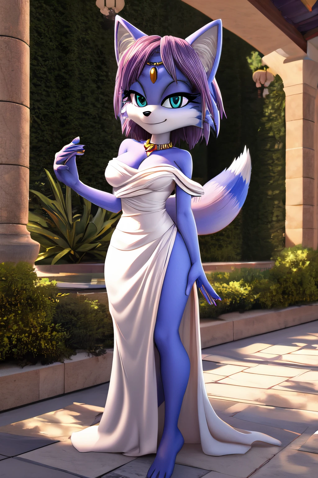 2D illustration, Krystal the fox, blue fox, short hair, medium breasts, jewelry, strapless, off shoulder, white dress, mansion, garden, smile, standing, 12.1