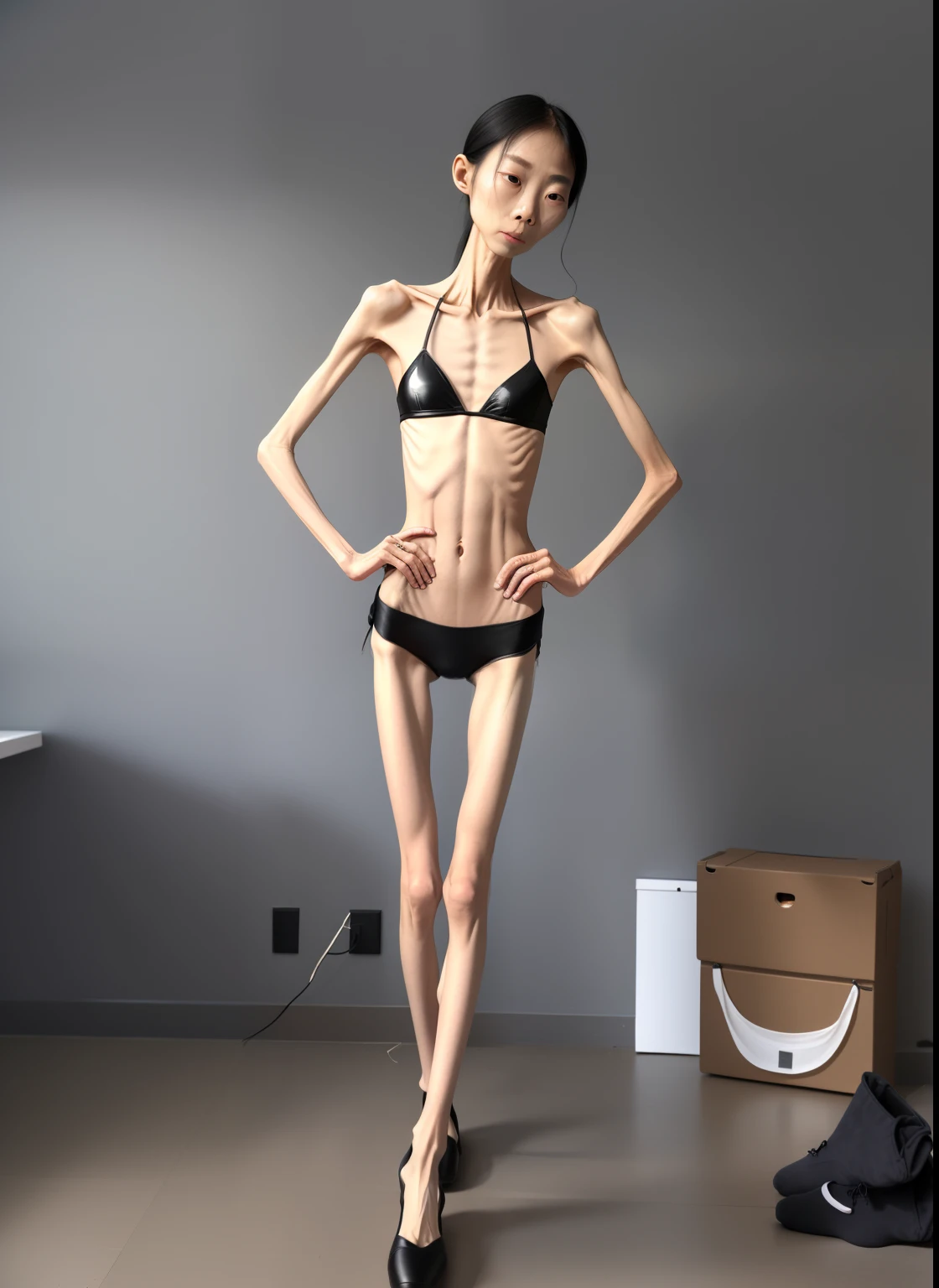 extremely thin girl,The body very thin,Rib chest,Protruding sternum,The sternum distinct,The waist very thin,The ribs are noticeable,Protruding ribs,The pelvic protrusion very obvious,Clear outline of pelvis,The crotch protrudes,thin shoulde,The waist very thin,Sunken abdomen,Abdominal muscle atrophy,Delicate arms,arm muscle atrophy,Slender thighs,Knees are obviously protruding,Ankle bulges,The ankle bones are obvious,The leg bones are obvious,leg muscle atrophy,anorexia,Wear tight leather pants,Wear slippers,Significant atrophy of dorsalis pedis muscles,Asia face,Haggard expression,Excessive weight loss,sunken face,Crying tears,Severe malnutrition,The body so thin that only the skeleton left
