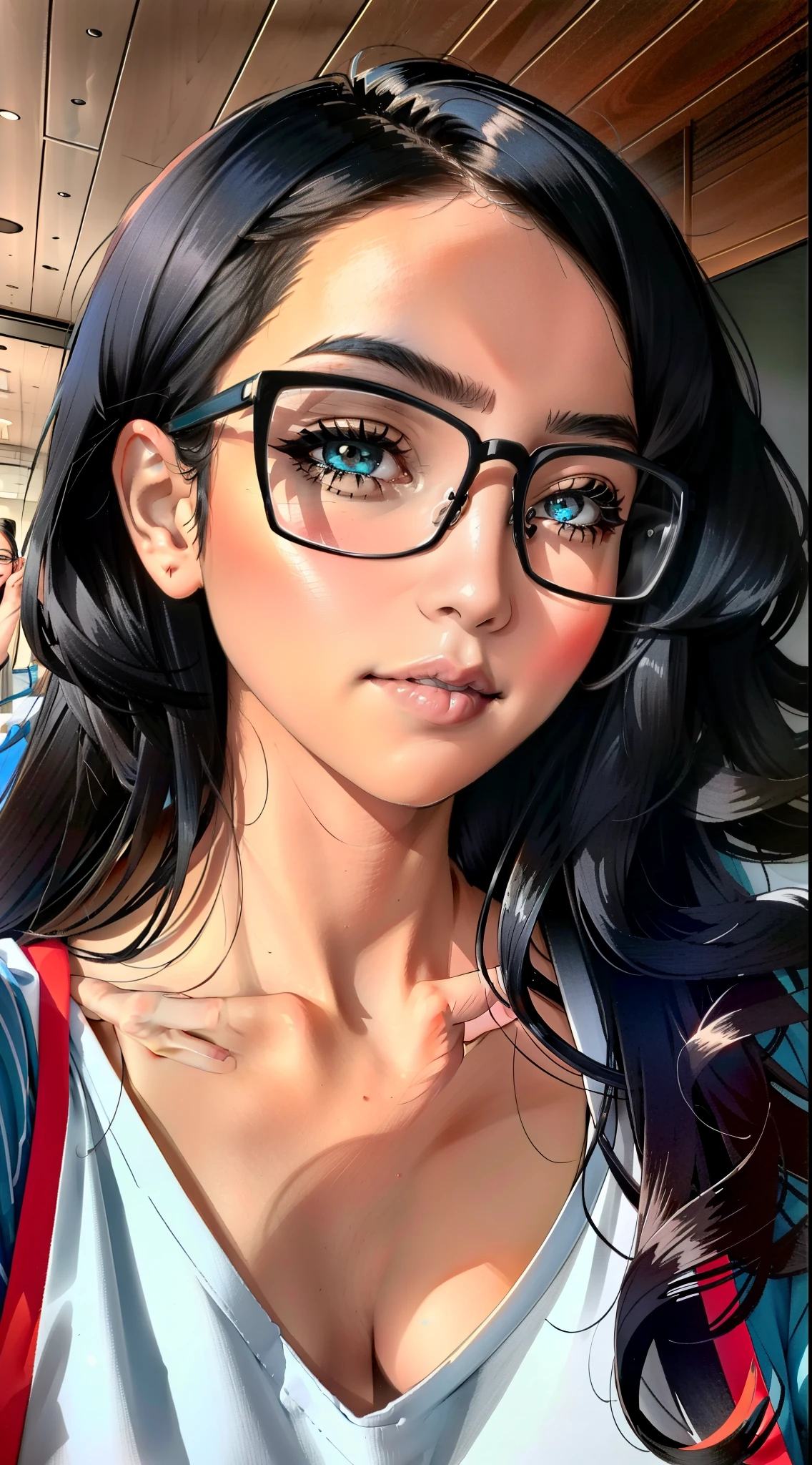 there is a woman with glasses and a blue shirt posing for a photo, wavy long black hair and glasses, selfie de uma jovem mulher, girl with glasses, rebecca sugar, wearing black rimmed glasses, wearing black frame glasses, With eye Glasses, meio retrato, Foto de perfil do headshot, wearing thin large round glasses, with glasses on, Directed by: Nandor Soldier